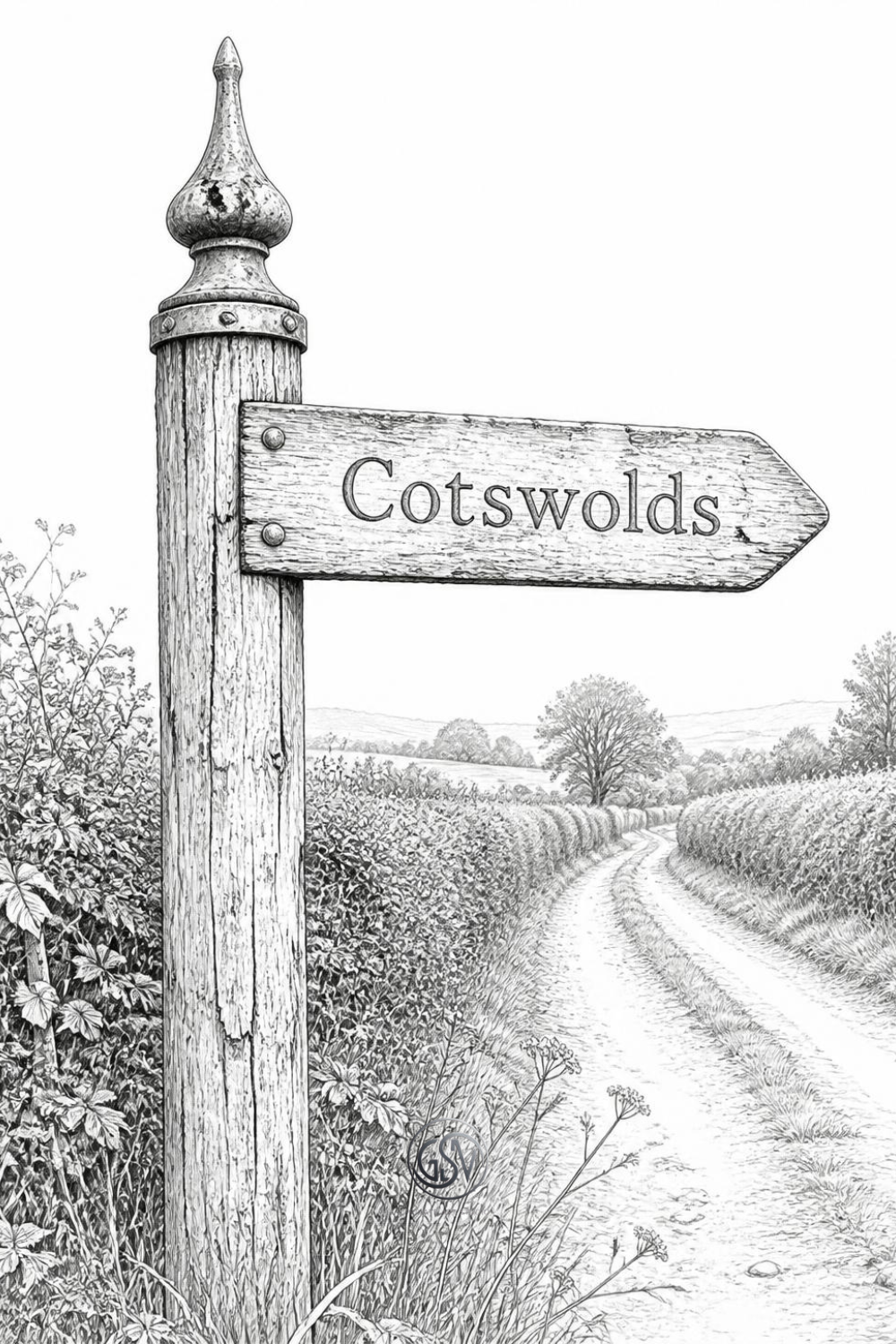 Grayscale English fingerpost coloring page with countryside hedgerow lane, printable PDF