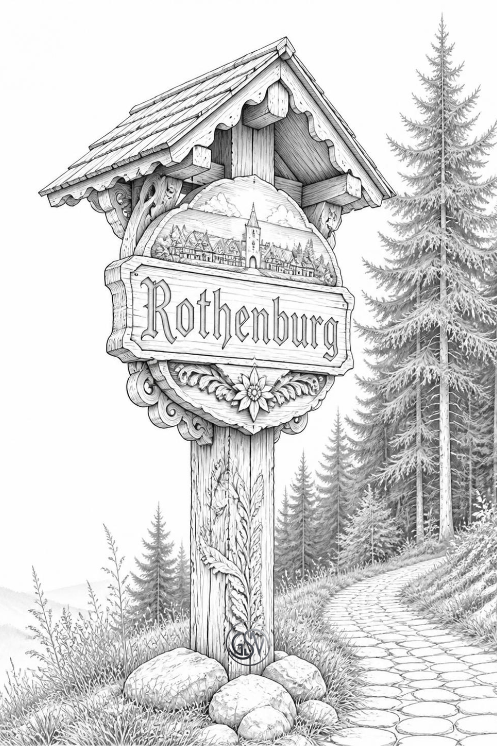 Grayscale carved wooden German village signpost coloring page with Black Forest background, printable PDF