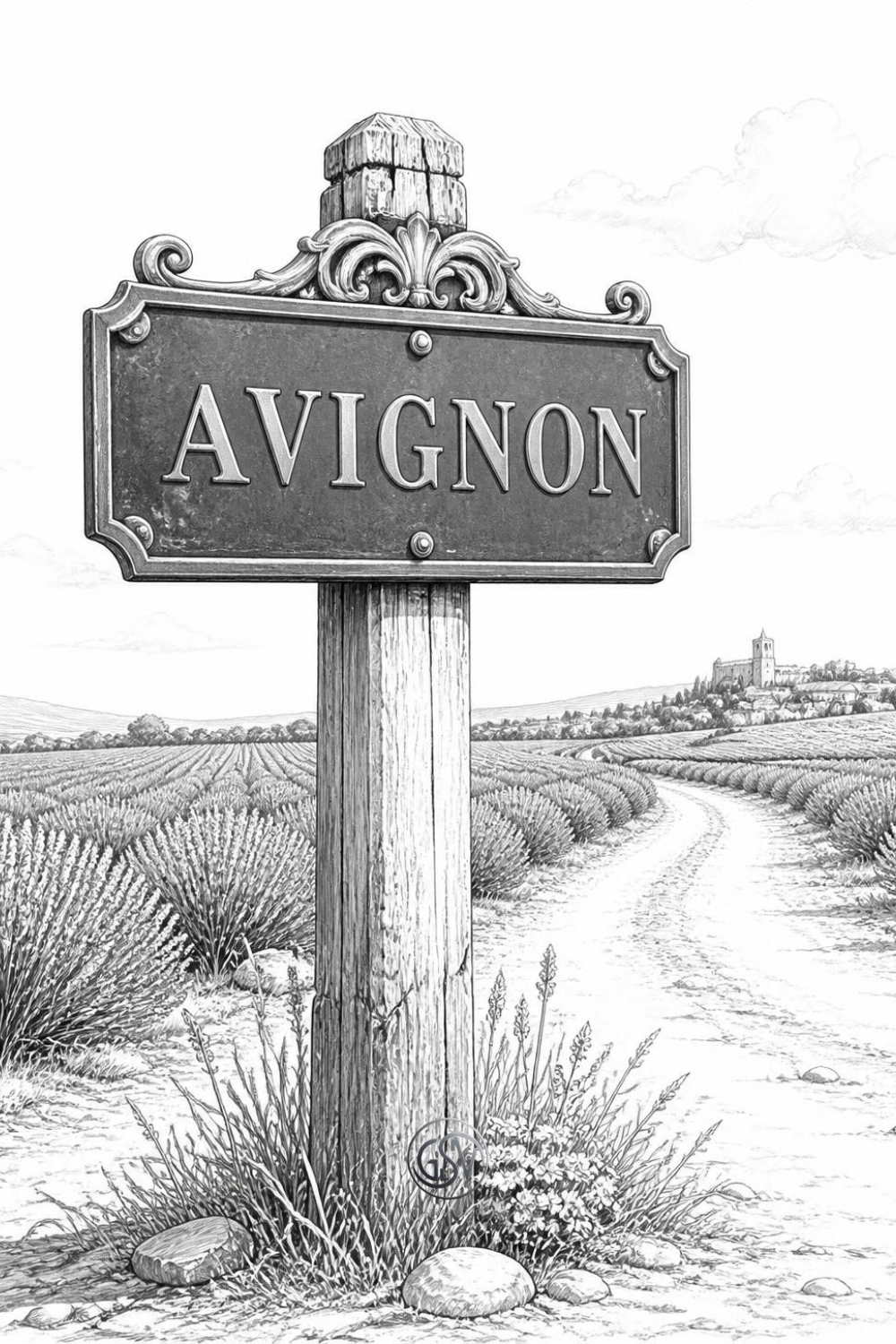 Grayscale antique French road sign coloring page with lavender field background, printable PDF