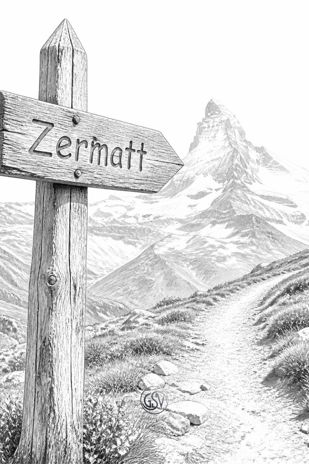 Grayscale vintage alpine Swiss signpost coloring page with mountain village background, printable PDF