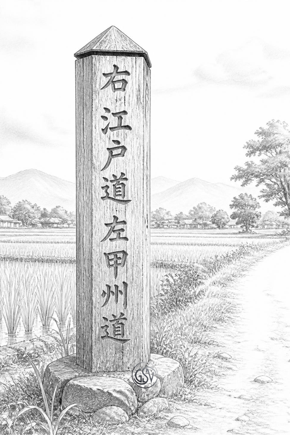 Grayscale antique Japanese wooden road marker coloring page with rice field background, printable PDF