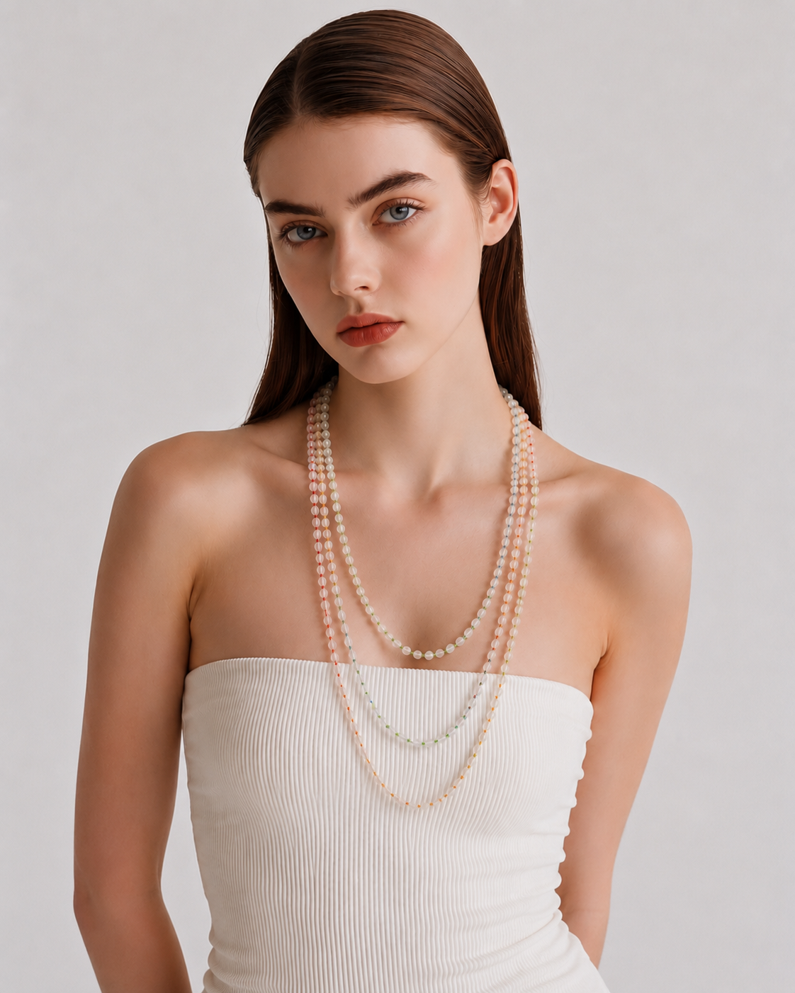 Collana lunga in pietra di luna naturale da 4 mm indossata dalla modella.