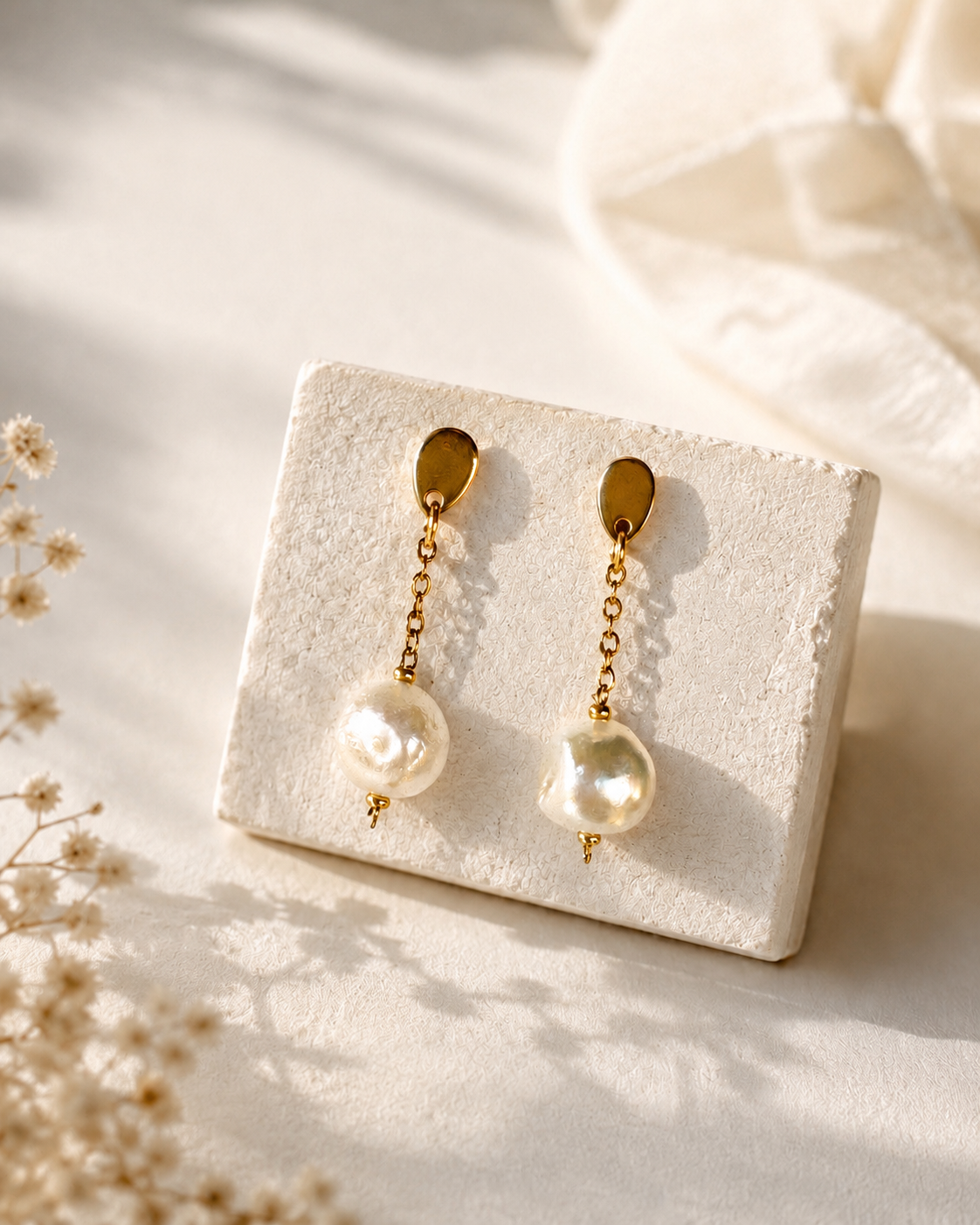 Orecchini con perla bianca naturale da 8 mm e base color oro in acciaio inossidabile su espositore.