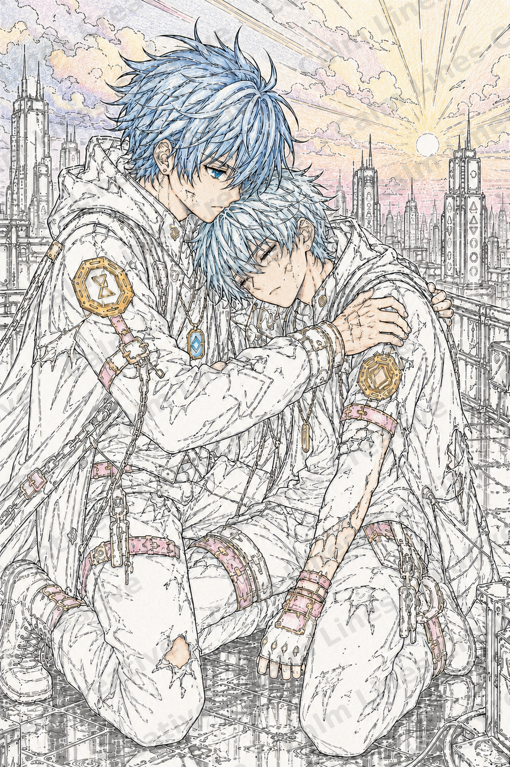 Colored example of an anime coloring page showing two characters embracing on a rooftop above a cyberpunk city skyline