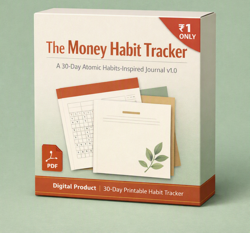 The Money Habit Tracker — a printable 30-day money habit journal inspired by Atomic Habits, priced at ₹1, digital PDF download featuring a daily habit tracker grid and reflection pages, by The Mindful Money Management