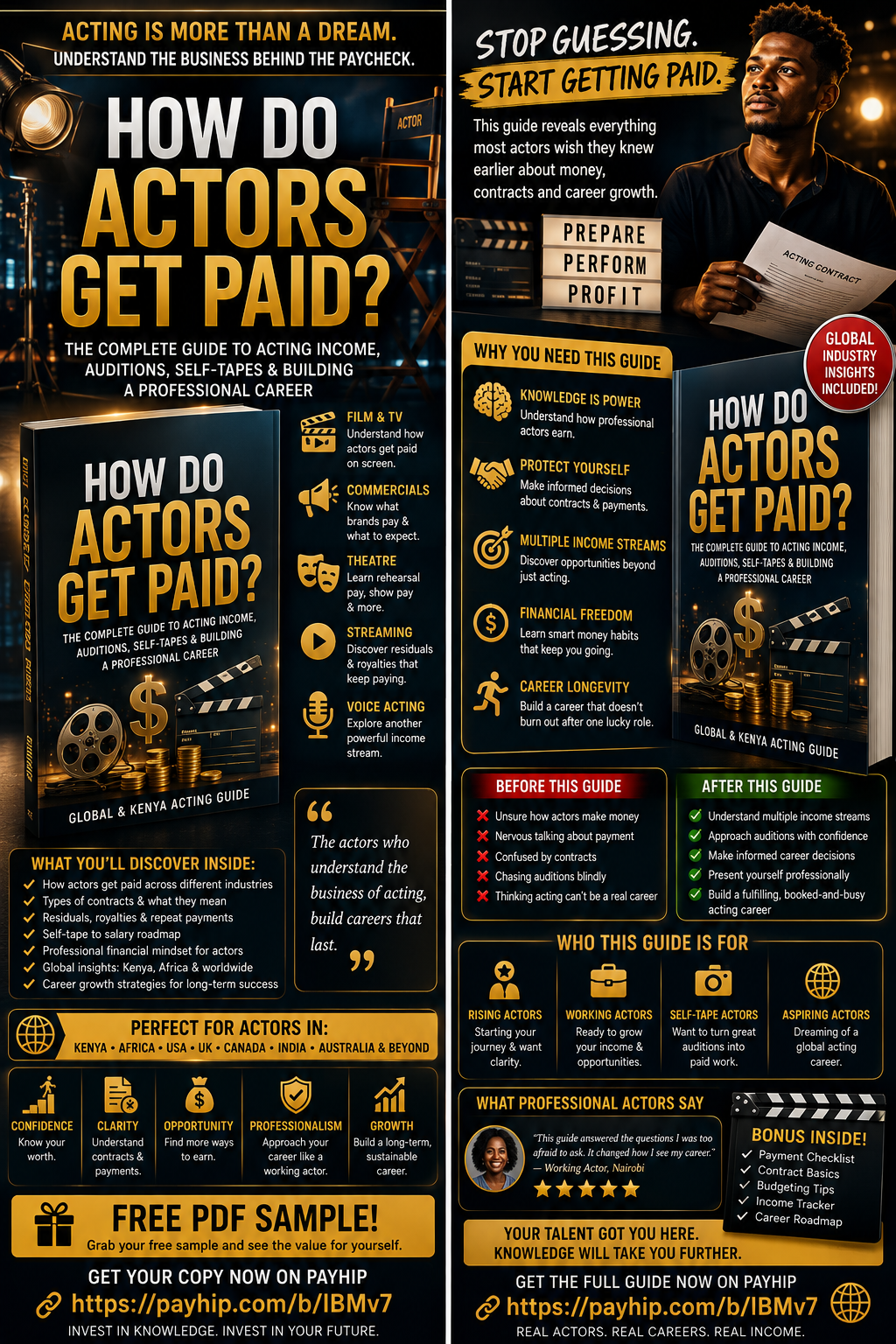 Learn how actors get paid with this practical acting PDF. Understand acting income, contracts, self-tapes, auditions, residuals, and career growth for actors in Kenya and worldwide. Build confidence, book more roles, and turn your passion into a professional acting career.