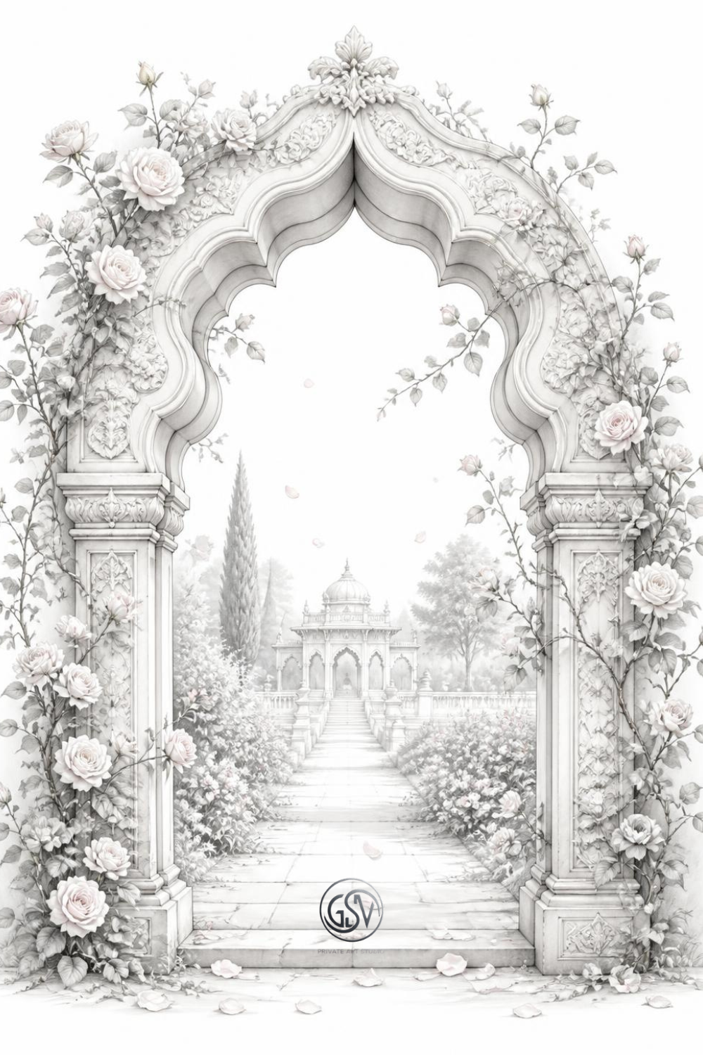 Grayscale coloring page of an ornate ogee-shaped stone archway covered in climbing roses.