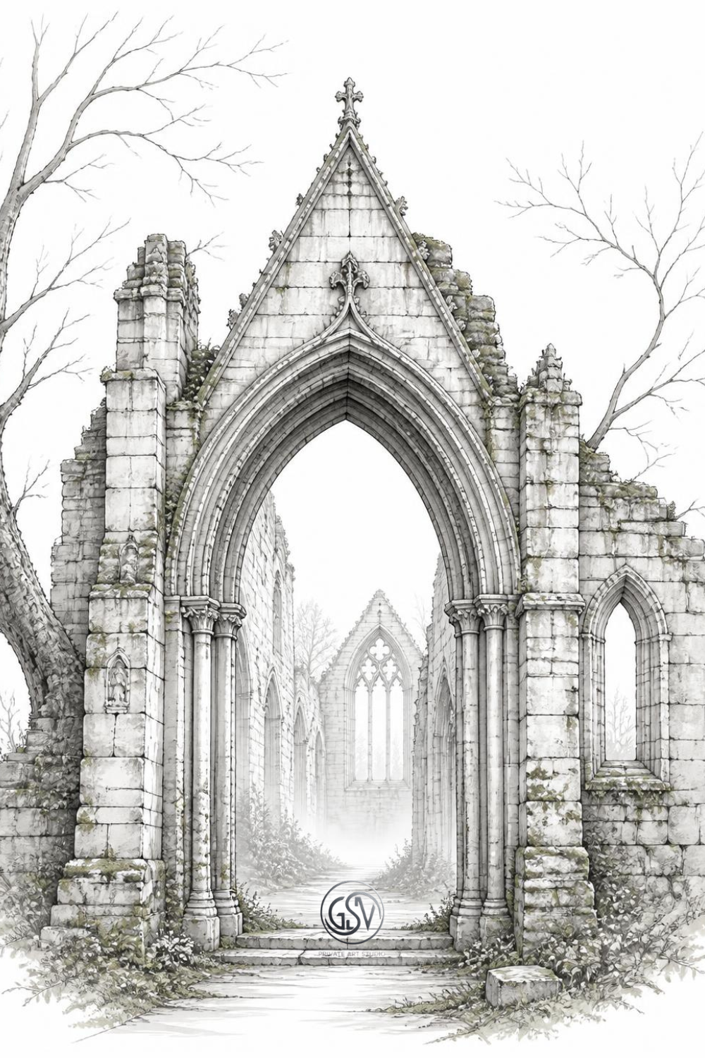 Grayscale coloring page of a mossy Gothic arch entrance to ruined abbey walls with misty background.