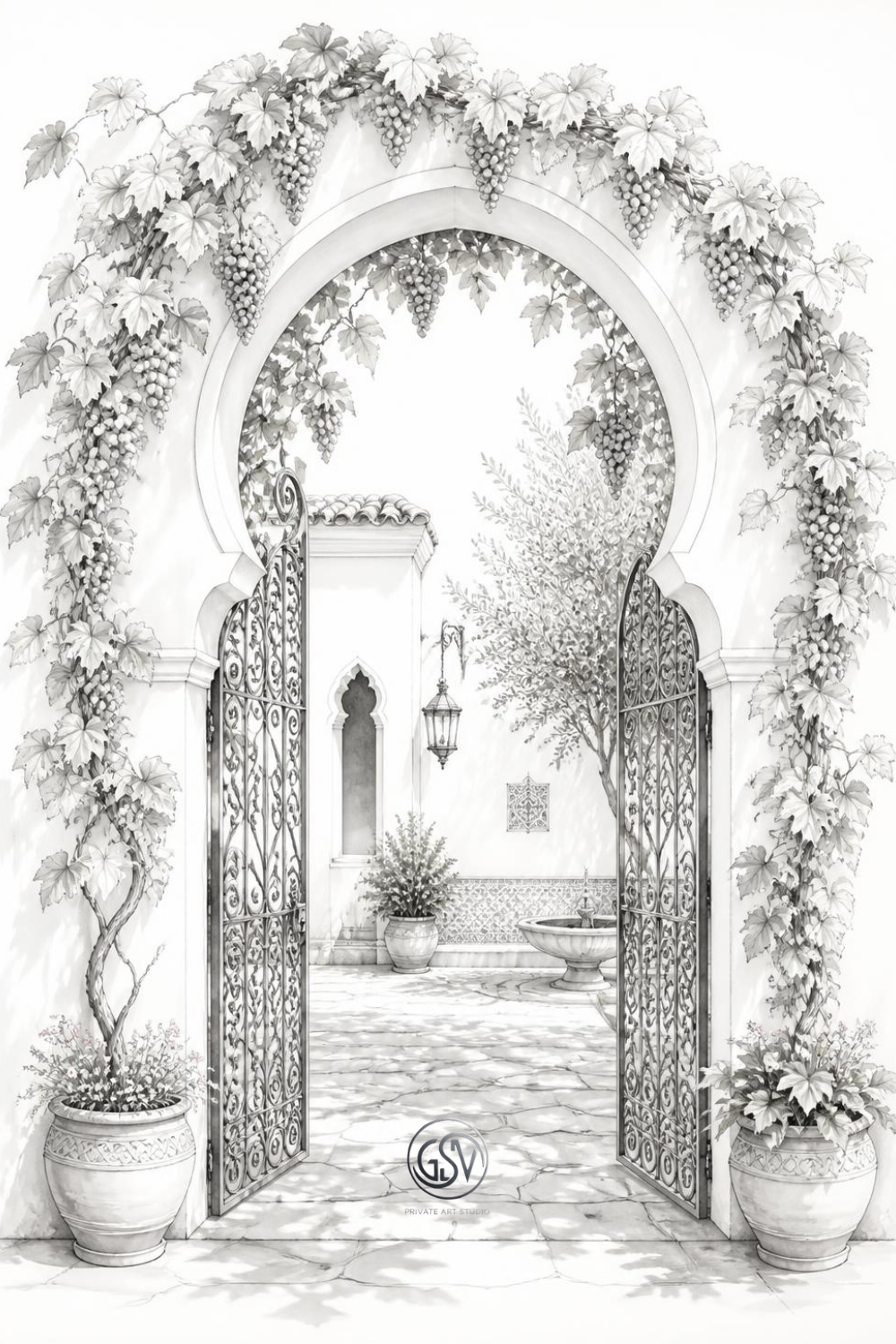 Grayscale coloring page of a horseshoe Moorish arch gate covered in grapevines leading into a courtyard.