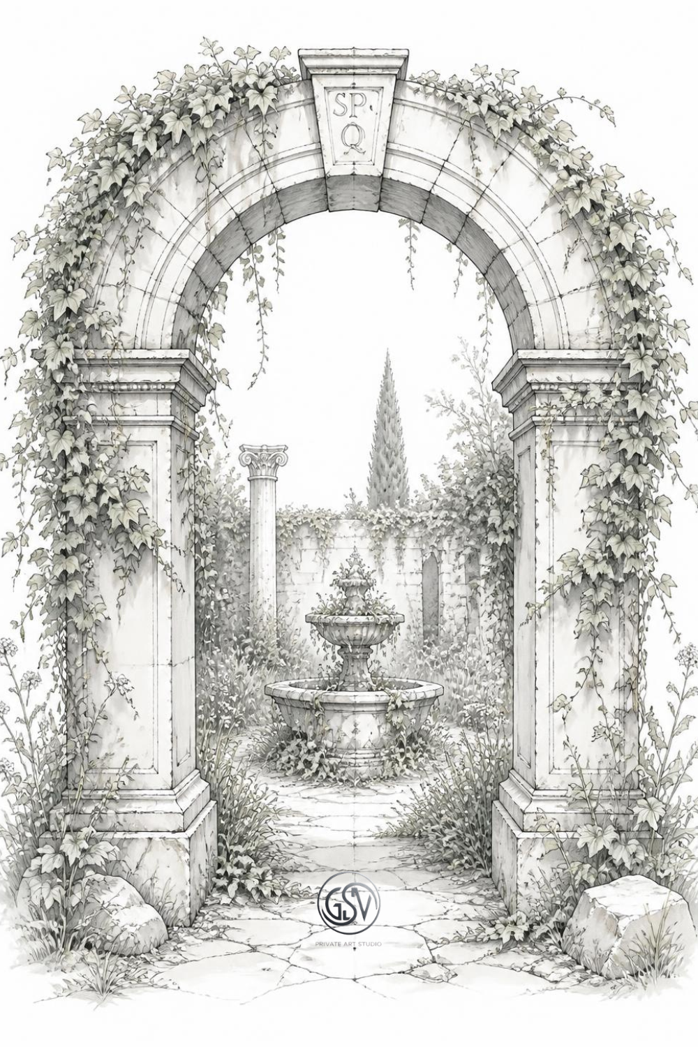 Grayscale coloring page of an ivy-covered Roman stone arch opening onto a garden with a weathered fountain.