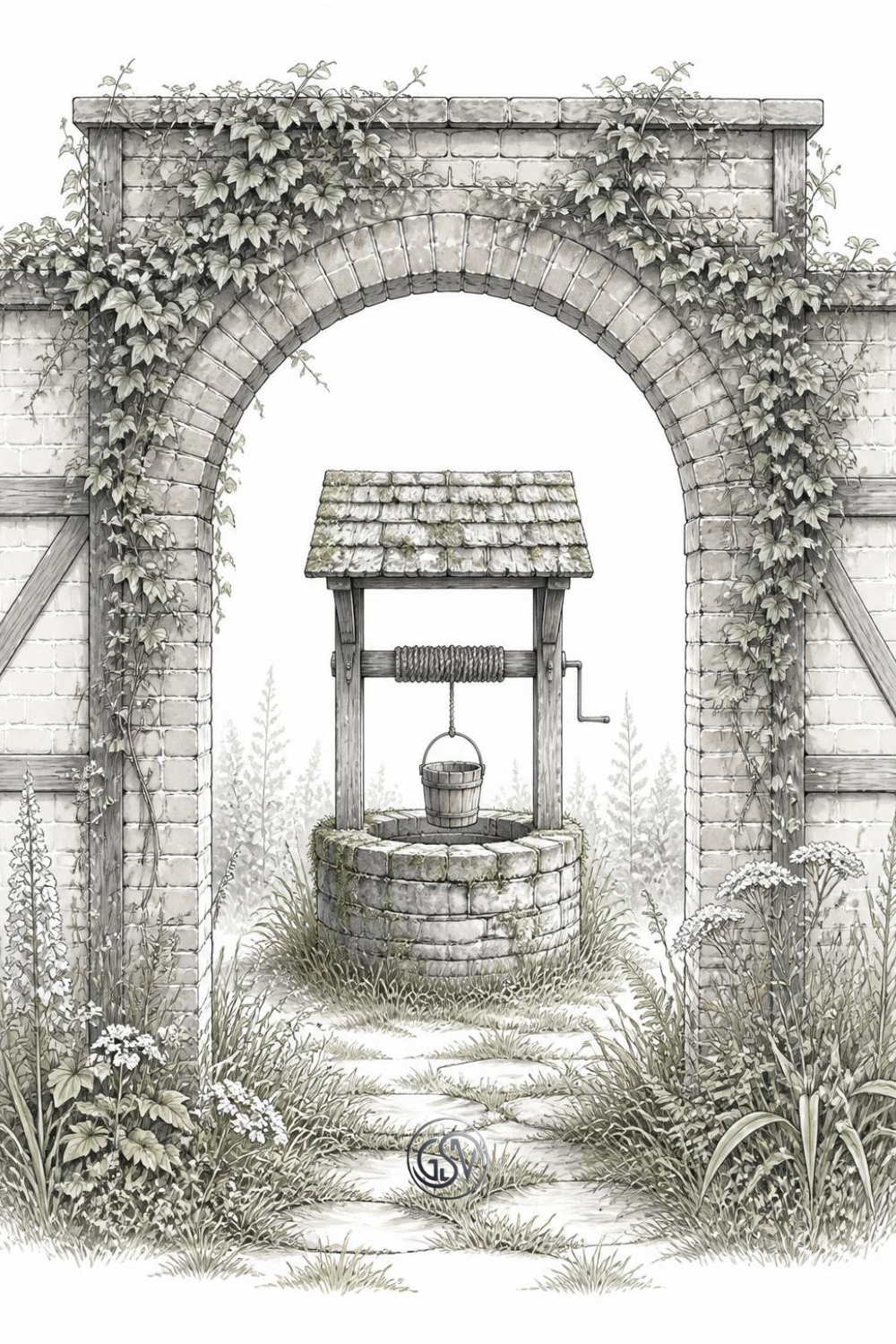 Grayscale coloring page of an ivy-covered Tudor brick arch framing an old stone well.