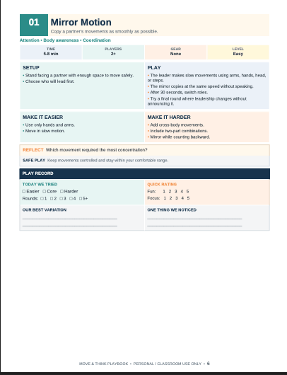 Seven-day brain break activity plan and progress tracker