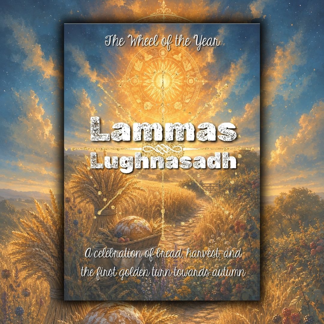 A mixed-age family printable exploring Lammas, Lughnasadh, Lugh, John Barleycorn, first-harvest folklore, crafts, bread, nature walks and reflection.