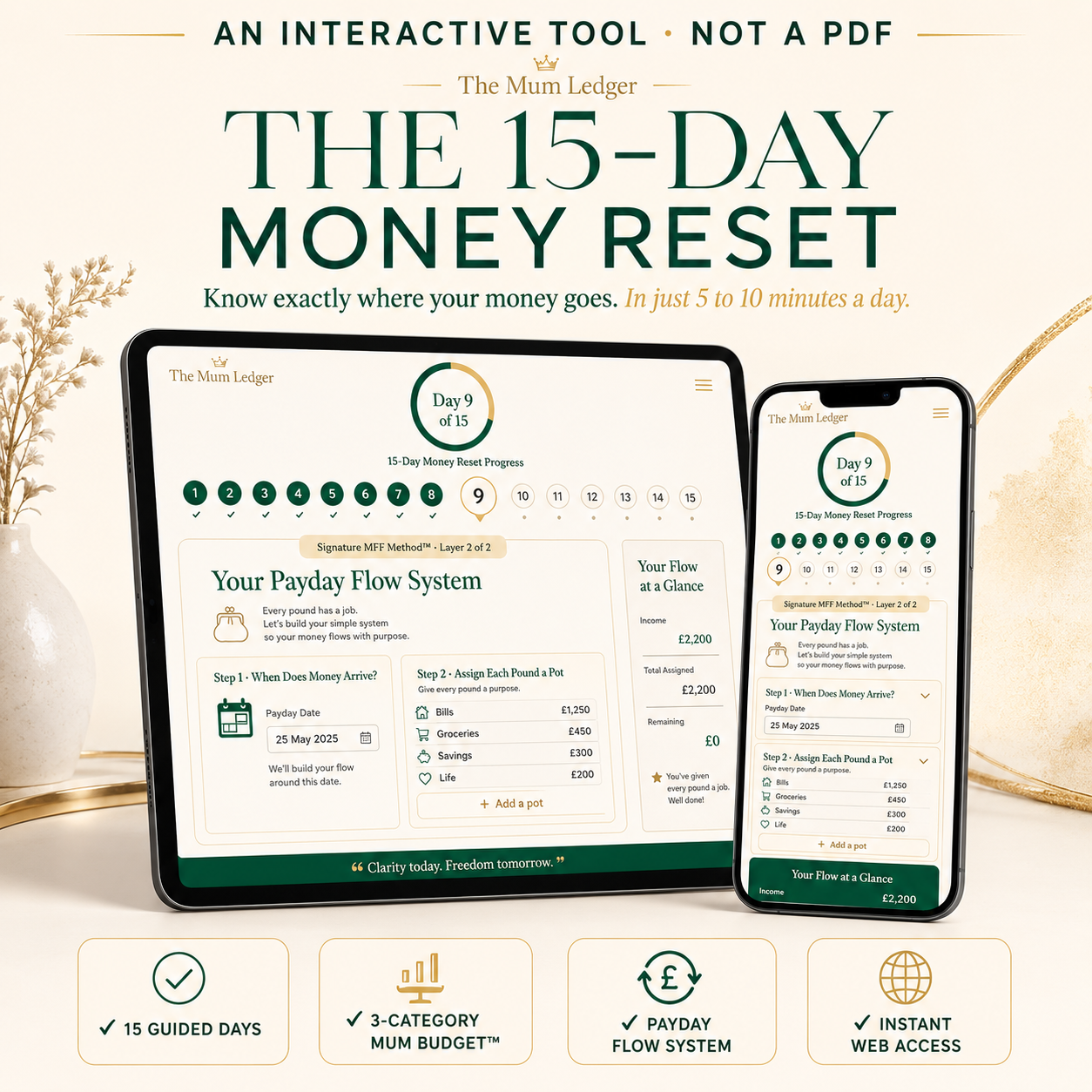 The 15-Day Money Reset interactive web tool displayed on a tablet and mobile phone screen.