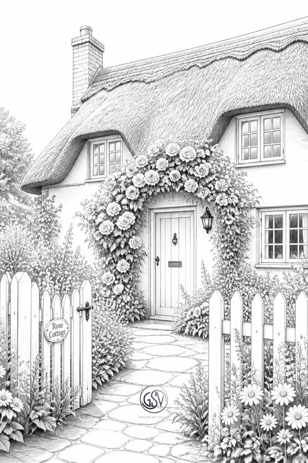 Alt-текст: Grayscale coloring page of an English cottage with a thatched roof, climbing roses, and a garden path — printable coloring book illustration.