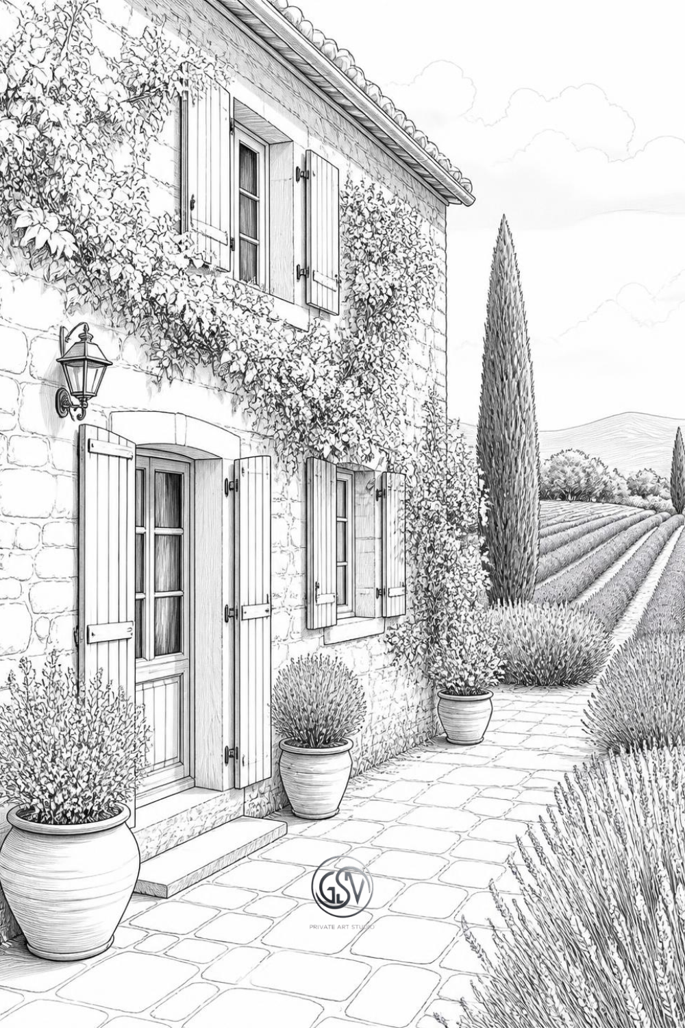 Alt-текст: Grayscale coloring page of a French Provence cottage with shutters, vines, and lavender fields.