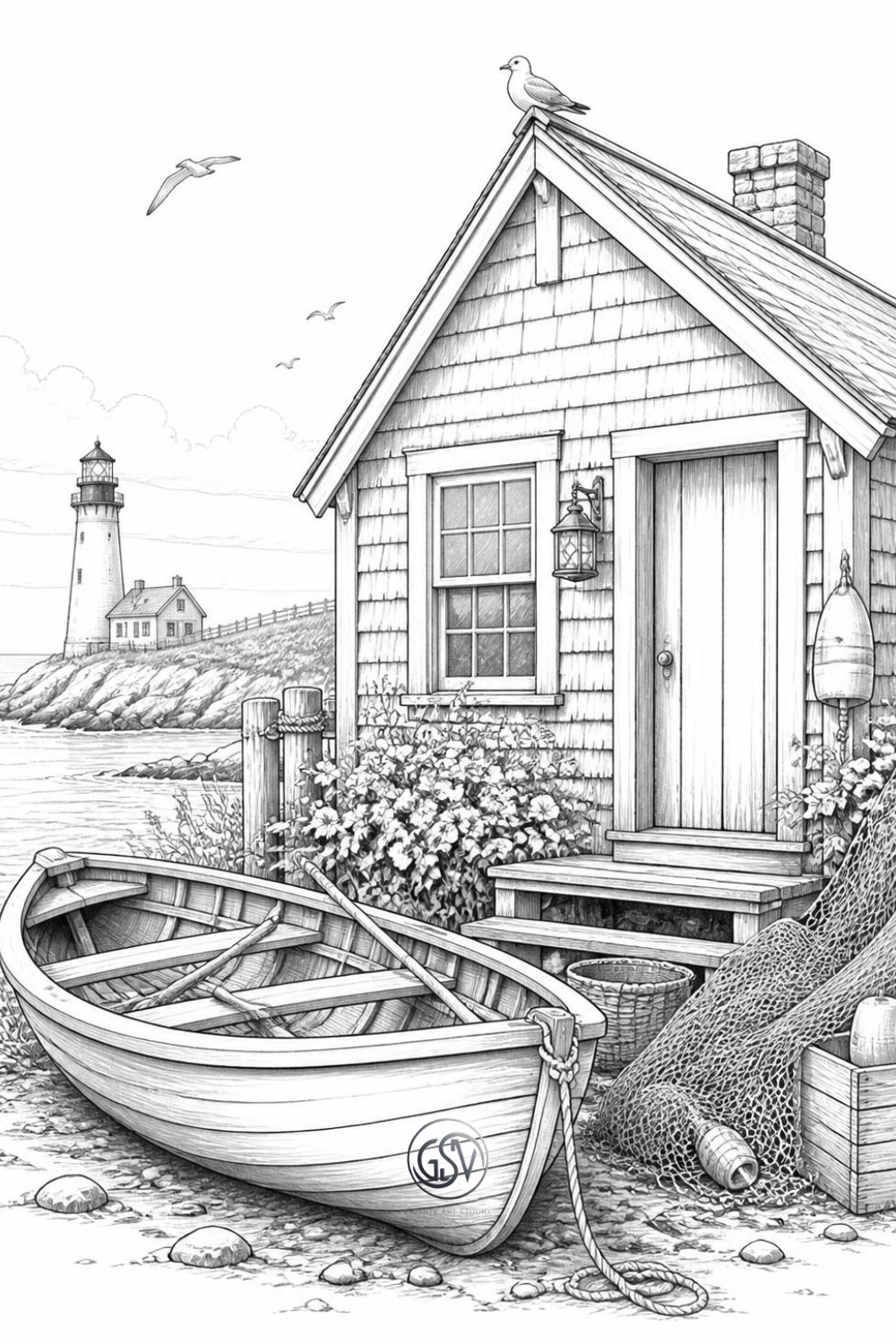 Alt-текст: Grayscale coloring page of a coastal fisherman's cottage with a rowboat and fishing nets.