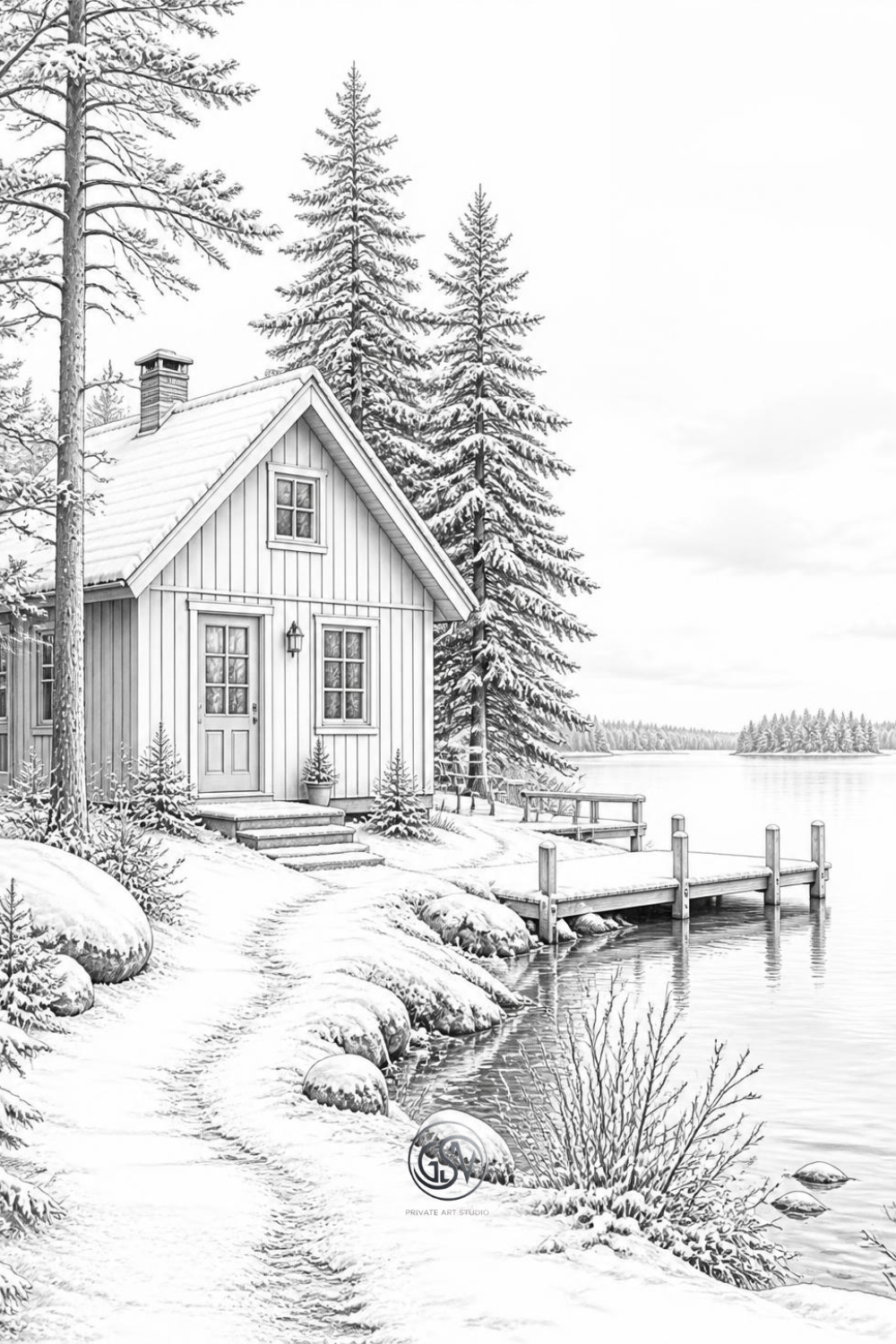 Alt-текст: Grayscale coloring page of a snow-dusted Scandinavian lake house with pine trees and a wooden dock.