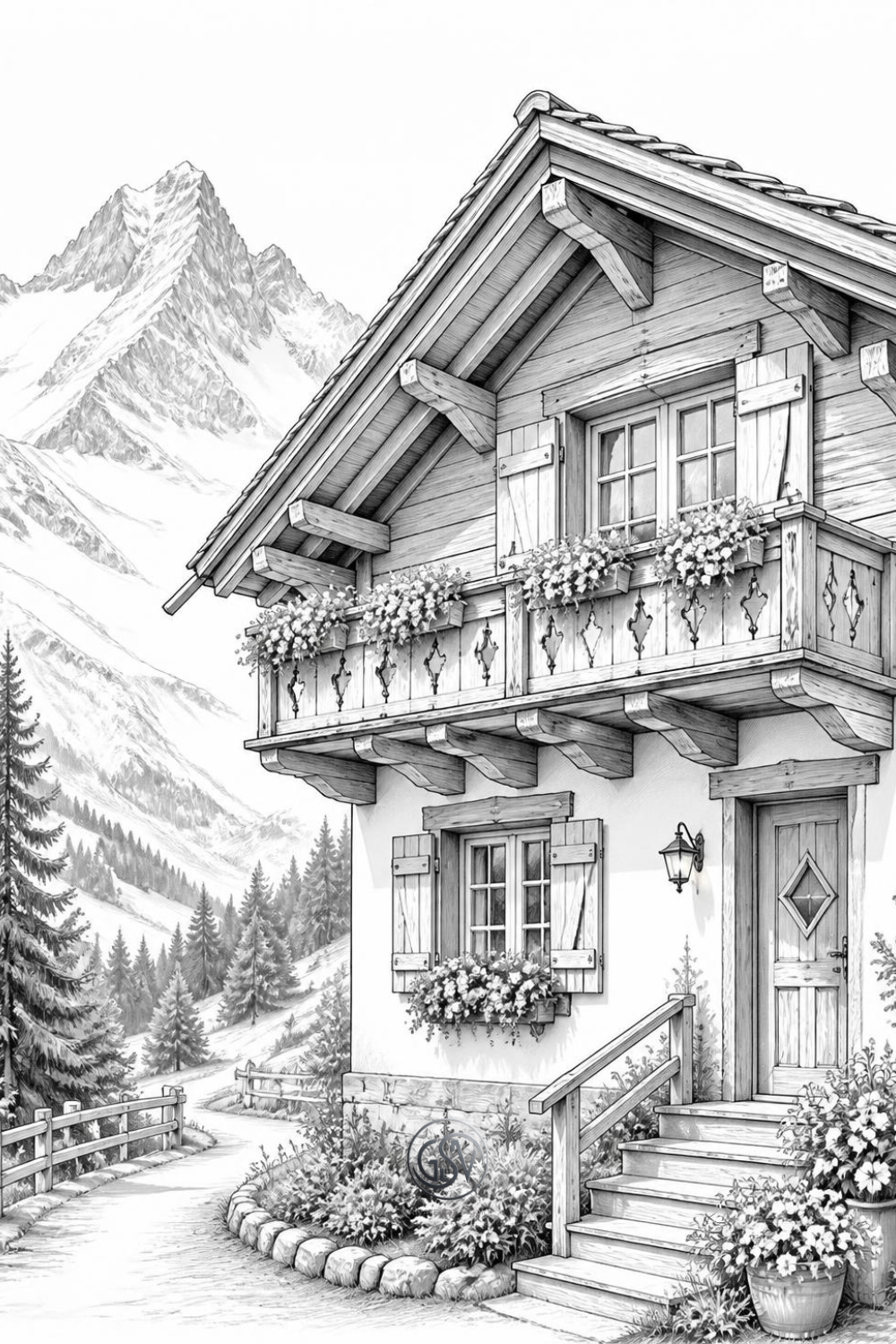 Alt-текст: Grayscale coloring page of a Swiss mountain chalet with a wooden balcony and snow-capped peaks.