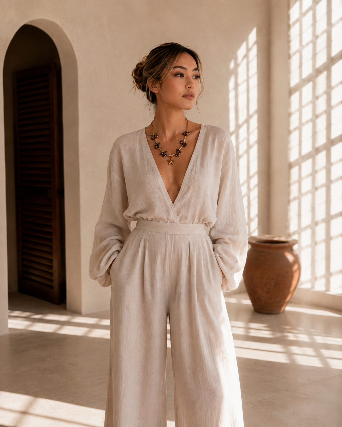 Collana con perle di fiume e pendente stella marina indossata da modella.
