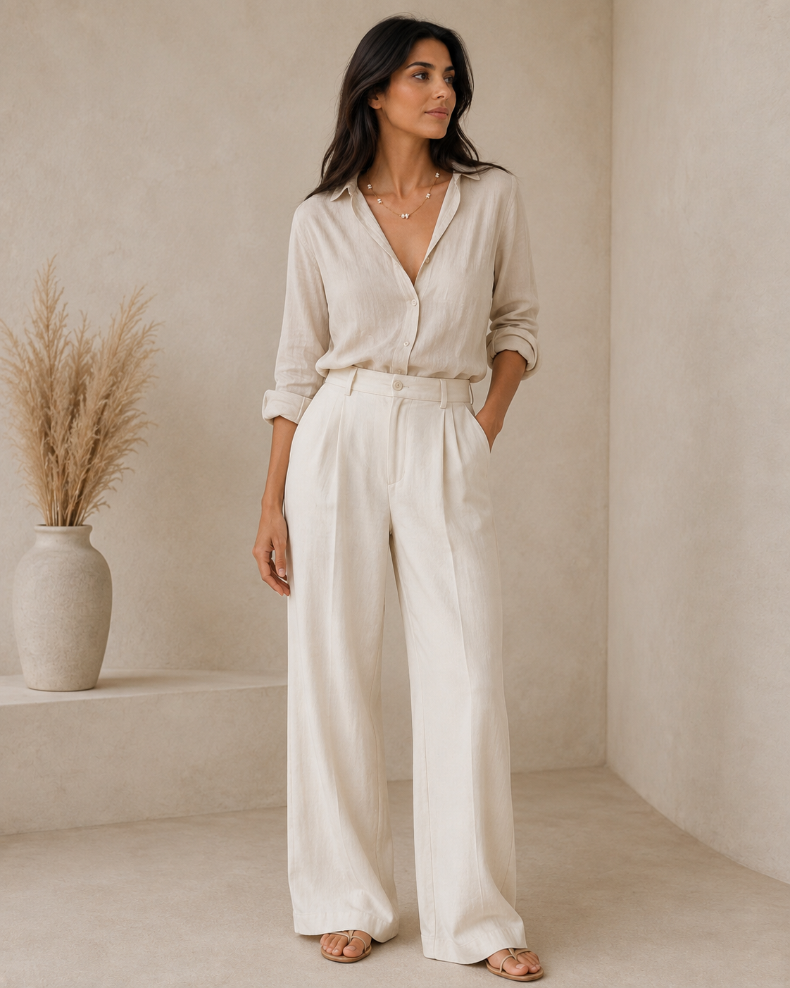 Collana minimal con perle di fiume indossata con un elegante outfit in lino.