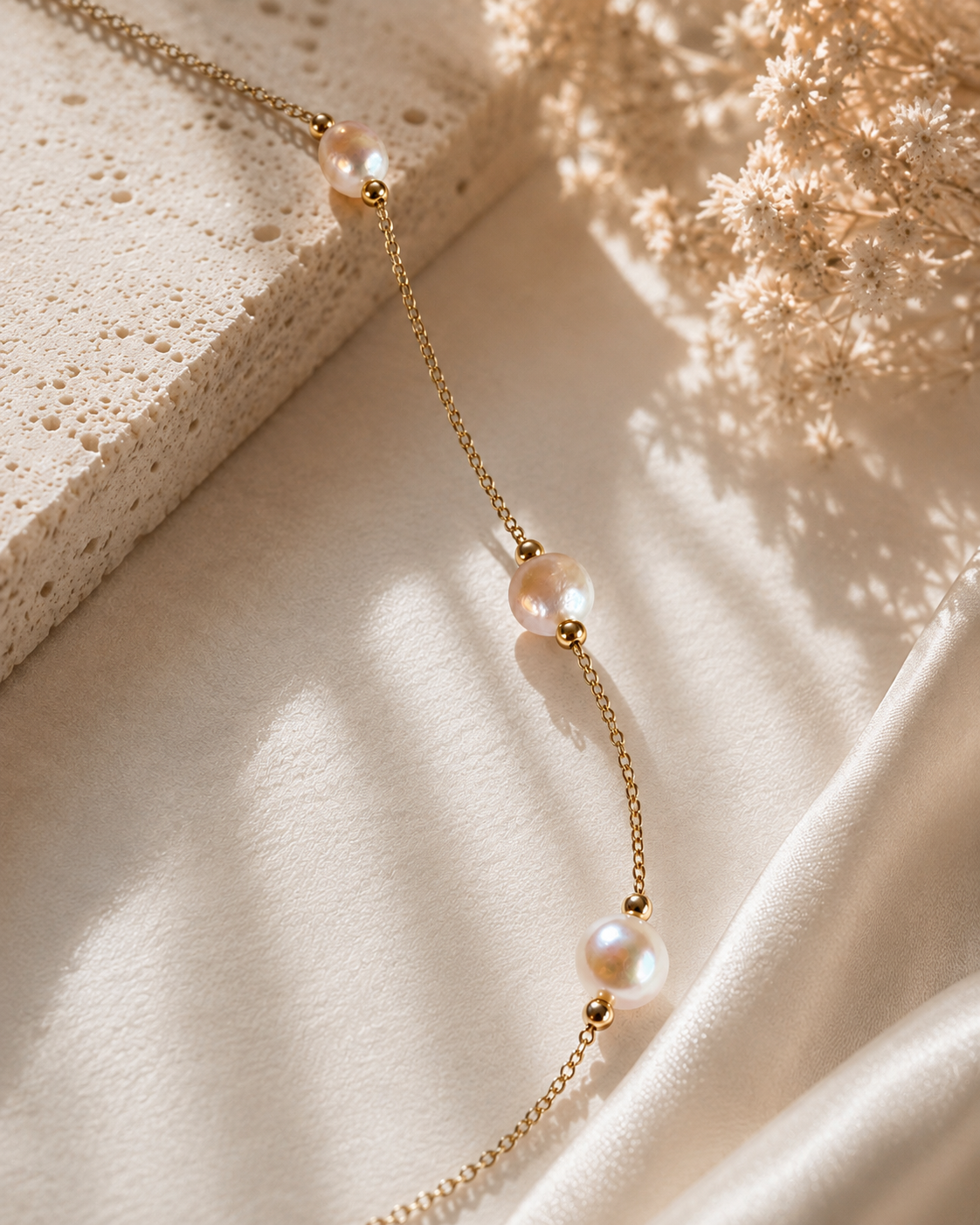 Dettaglio delle perle di fiume naturali su collana minimal in acciaio color oro.