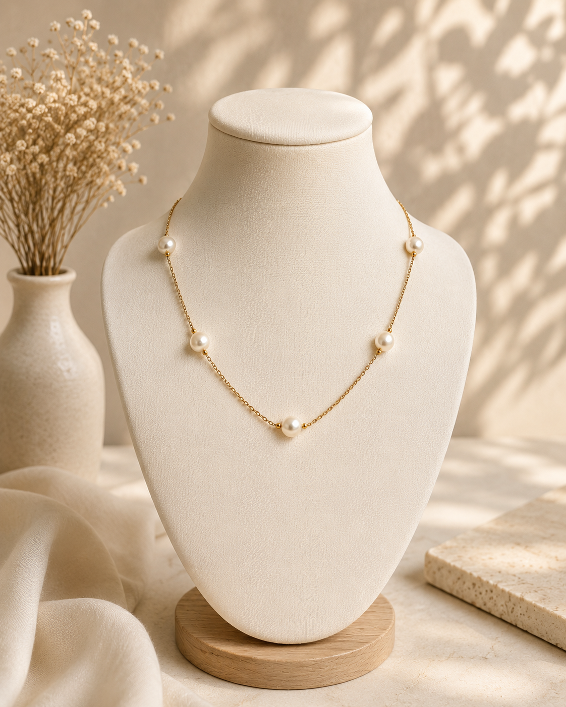 Collana minimal in acciaio inossidabile color oro con perle di fiume naturali su manichino.