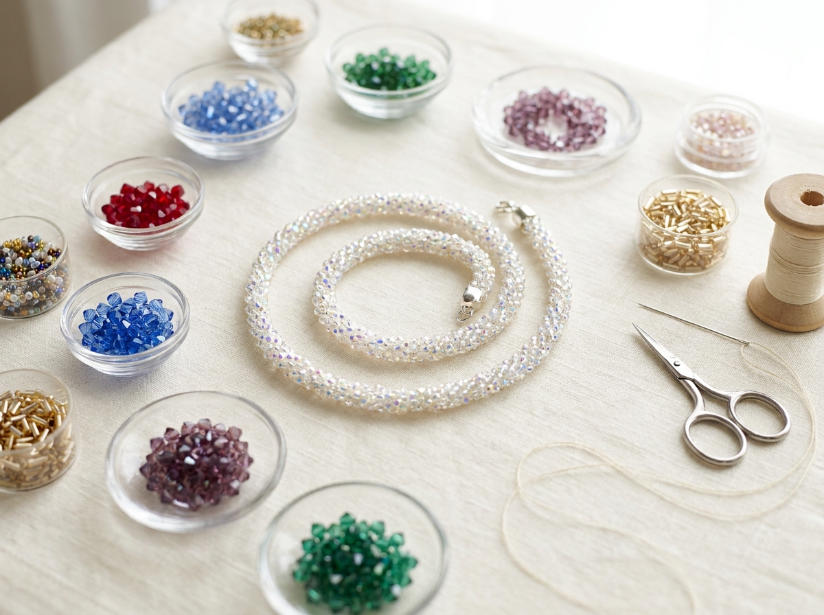 Overhead flat lay of Swarovski crystal bicones, seed beads, a beading needle and thread beside a finished handmade crystal necklace, showing the essential supplies needed to start crystal jewelry making at home.
