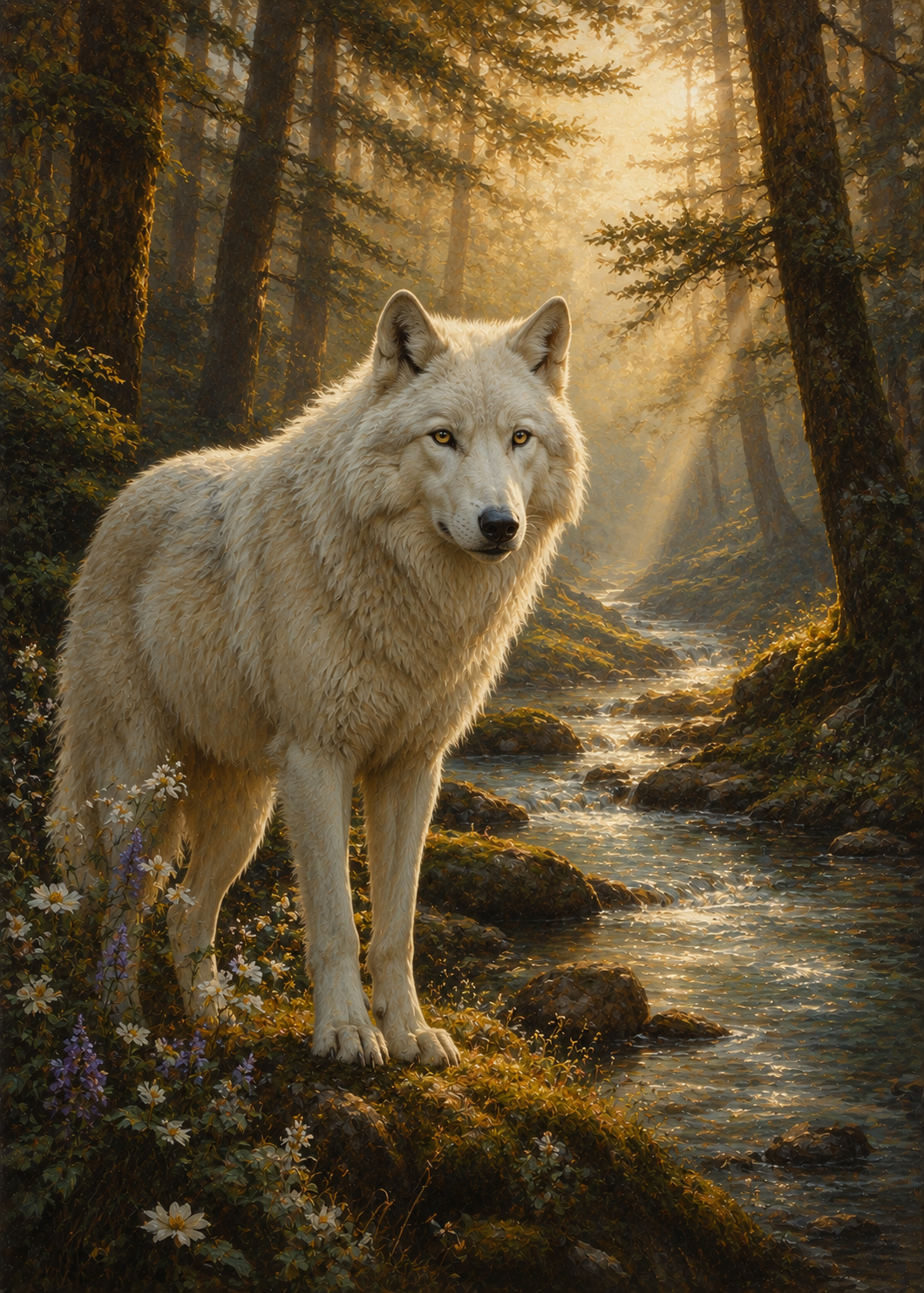 Majestic white wolf standing beside a woodland stream surrounded by tall trees in warm morning light, printable wildlife wall art.