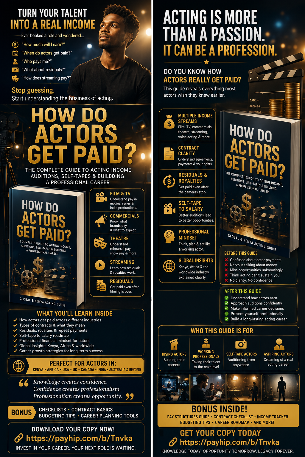 Learn how actors get paid with this practical acting PDF. Understand acting income, contracts, self-tapes, auditions, residuals, and career growth for actors in Kenya and worldwide. Build confidence, book more roles, and turn your passion into a professional acting career.