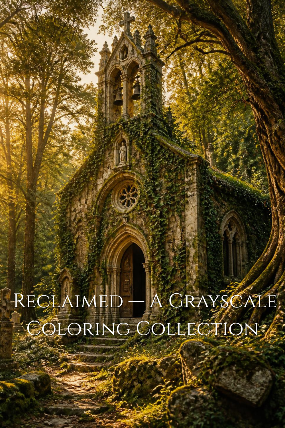 Full-color illustration of an ivy-covered stone chapel in a sunlit forest, atmospheric grayscale coloring book cover