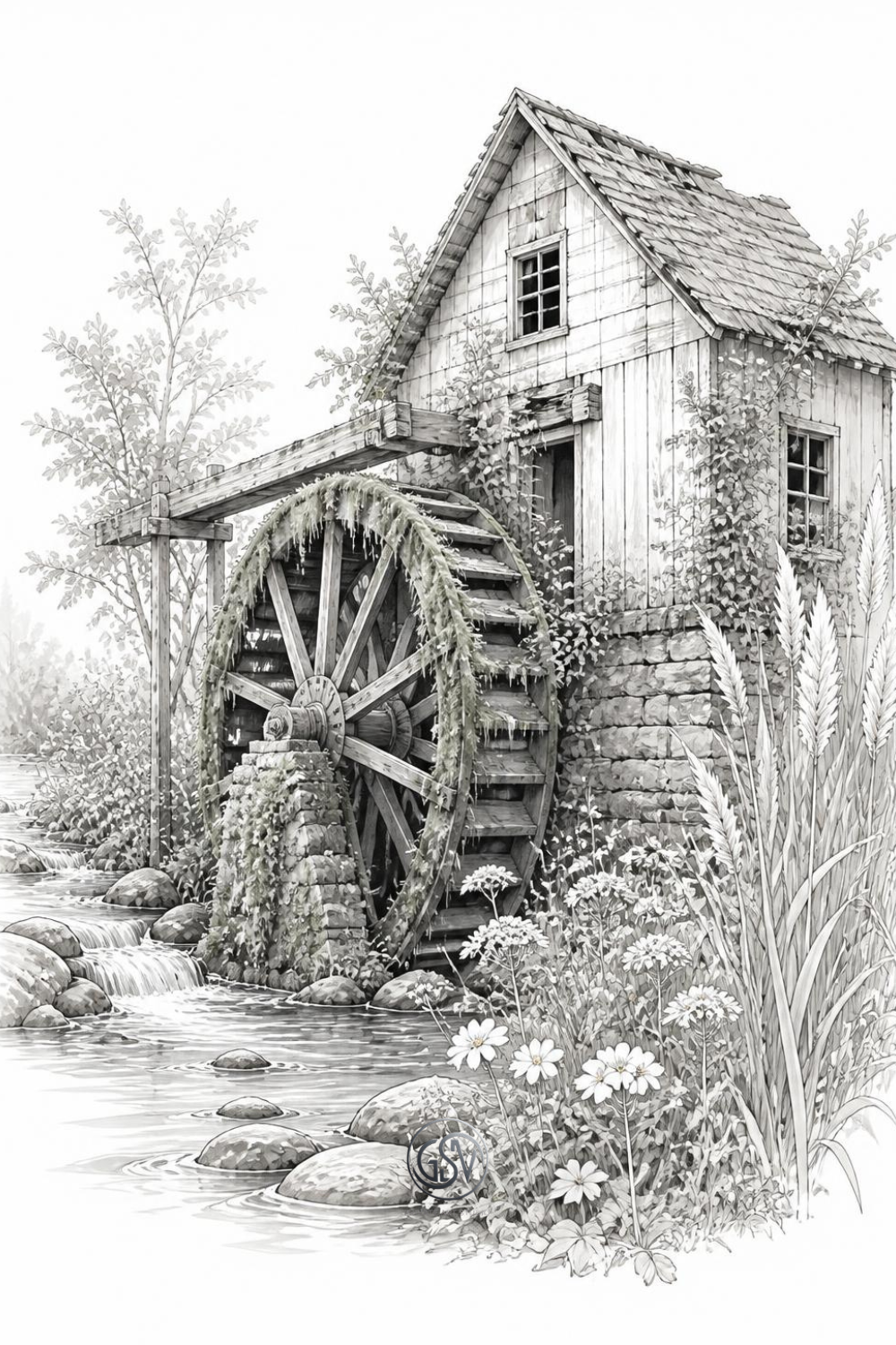 "Grayscale coloring page of an abandoned watermill beside a flowing stream, moss-covered wheel"