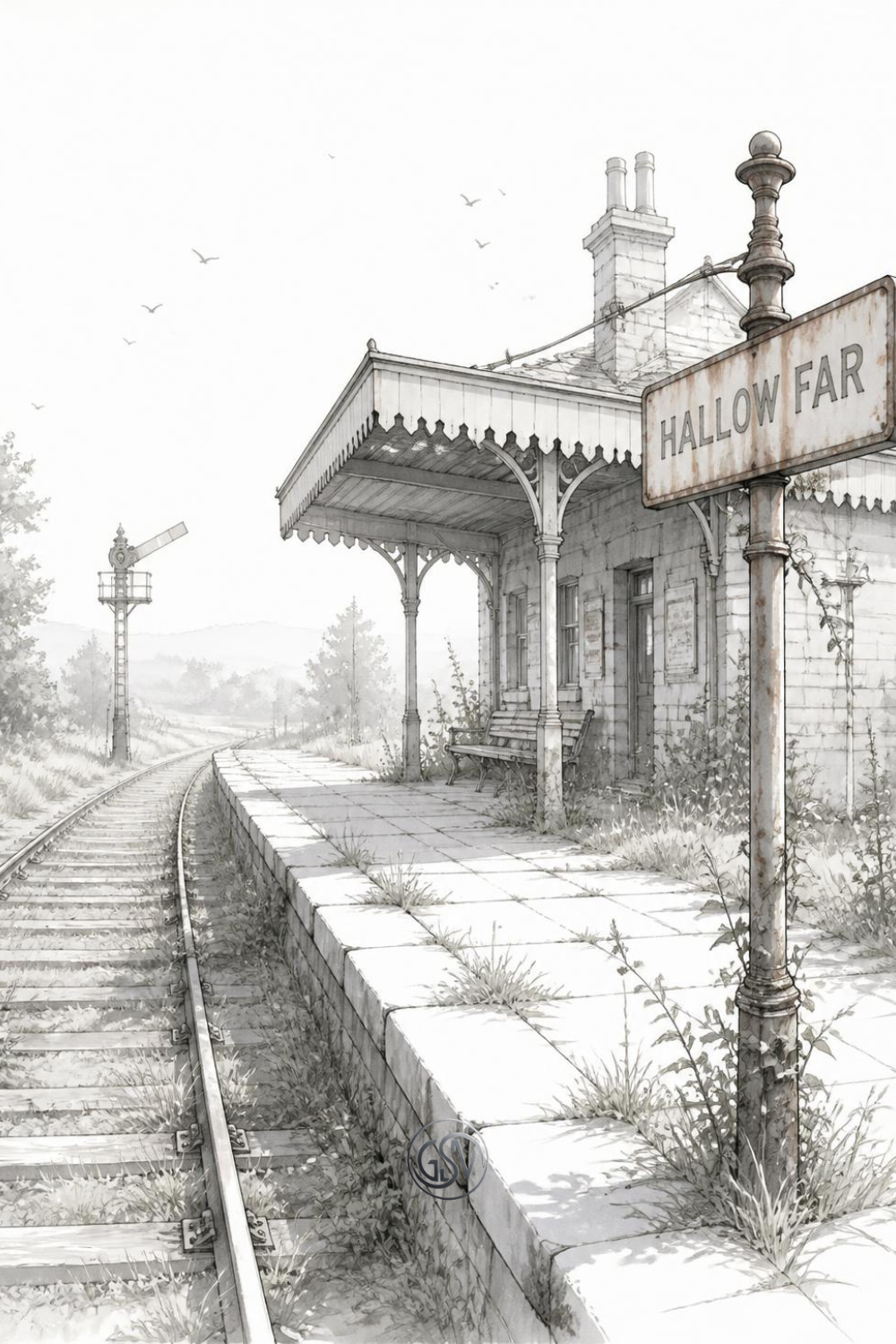 "Grayscale coloring page of a forgotten railway station platform overgrown with weeds"