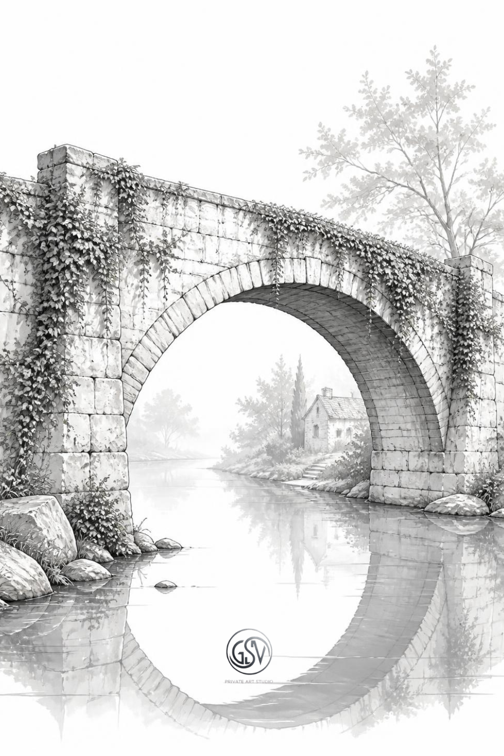 "Grayscale coloring page of an old stone arch bridge over a misty river covered in ivy"