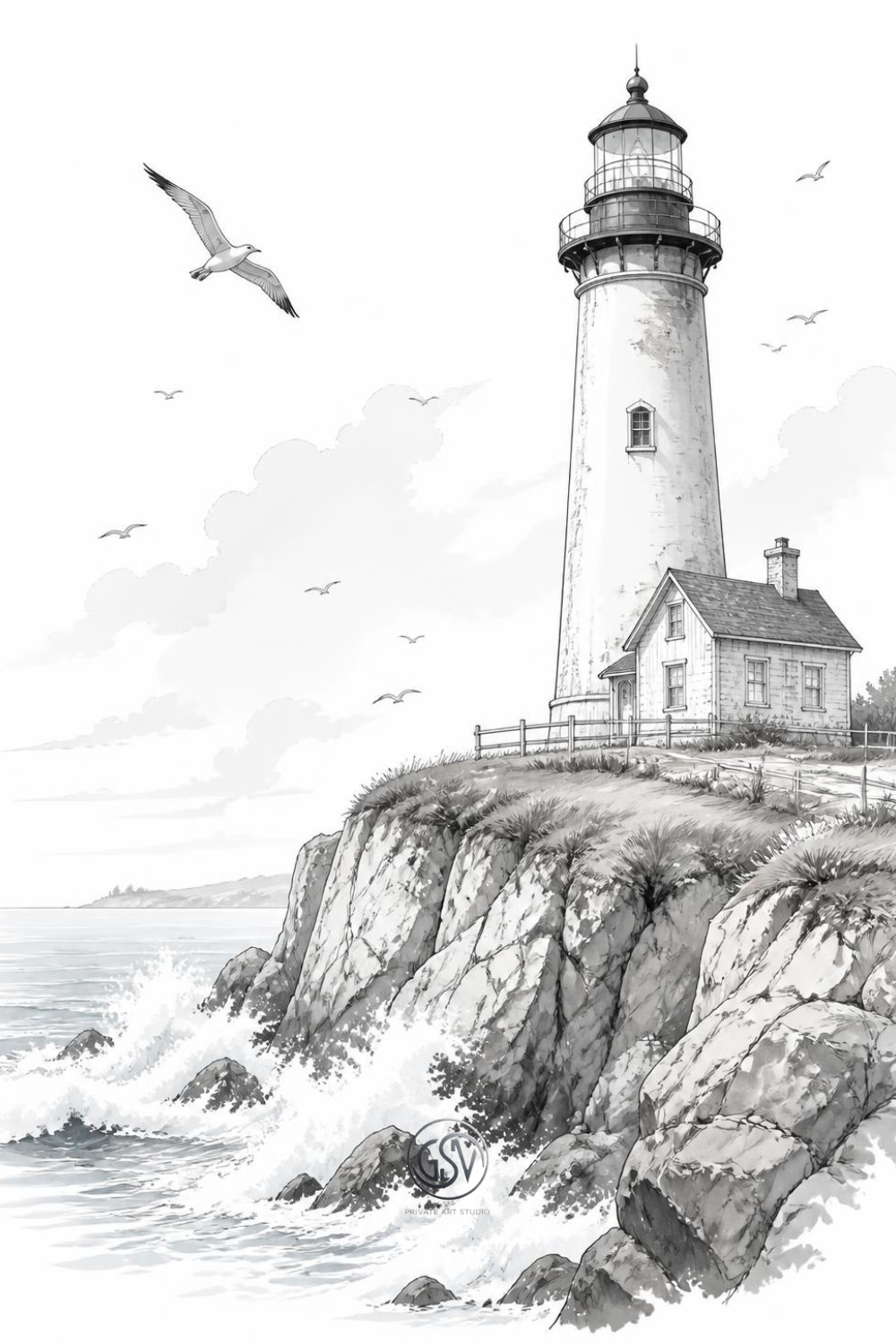 Grayscale coloring page of a weathered lighthouse on a rocky coastal cliff with crashing waves