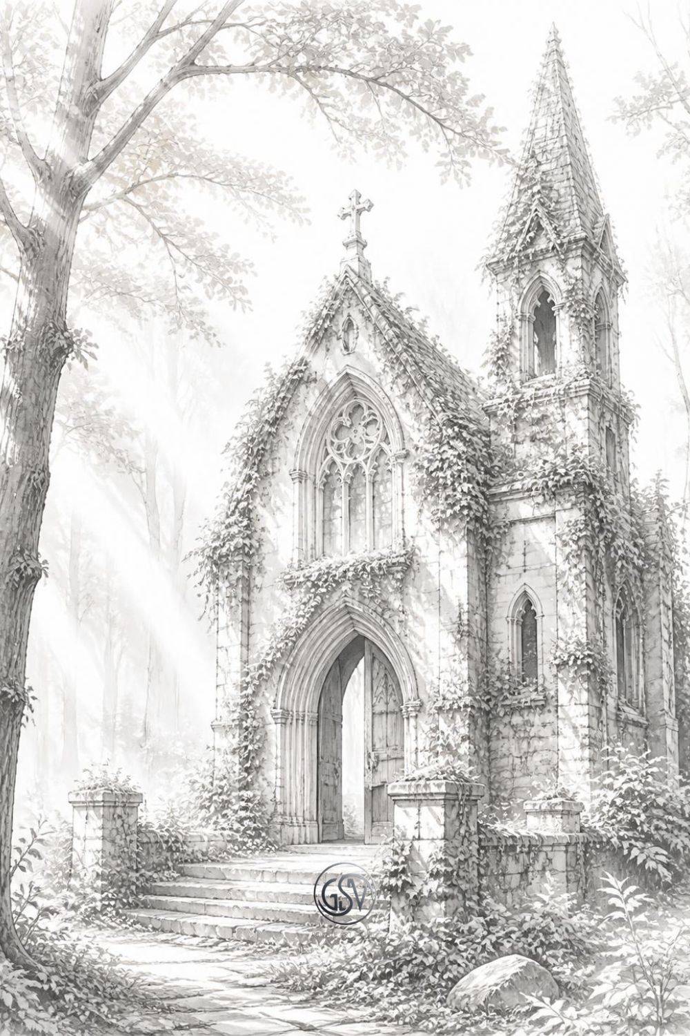 "Grayscale coloring page of an abandoned gothic forest chapel covered in ivy and moss"