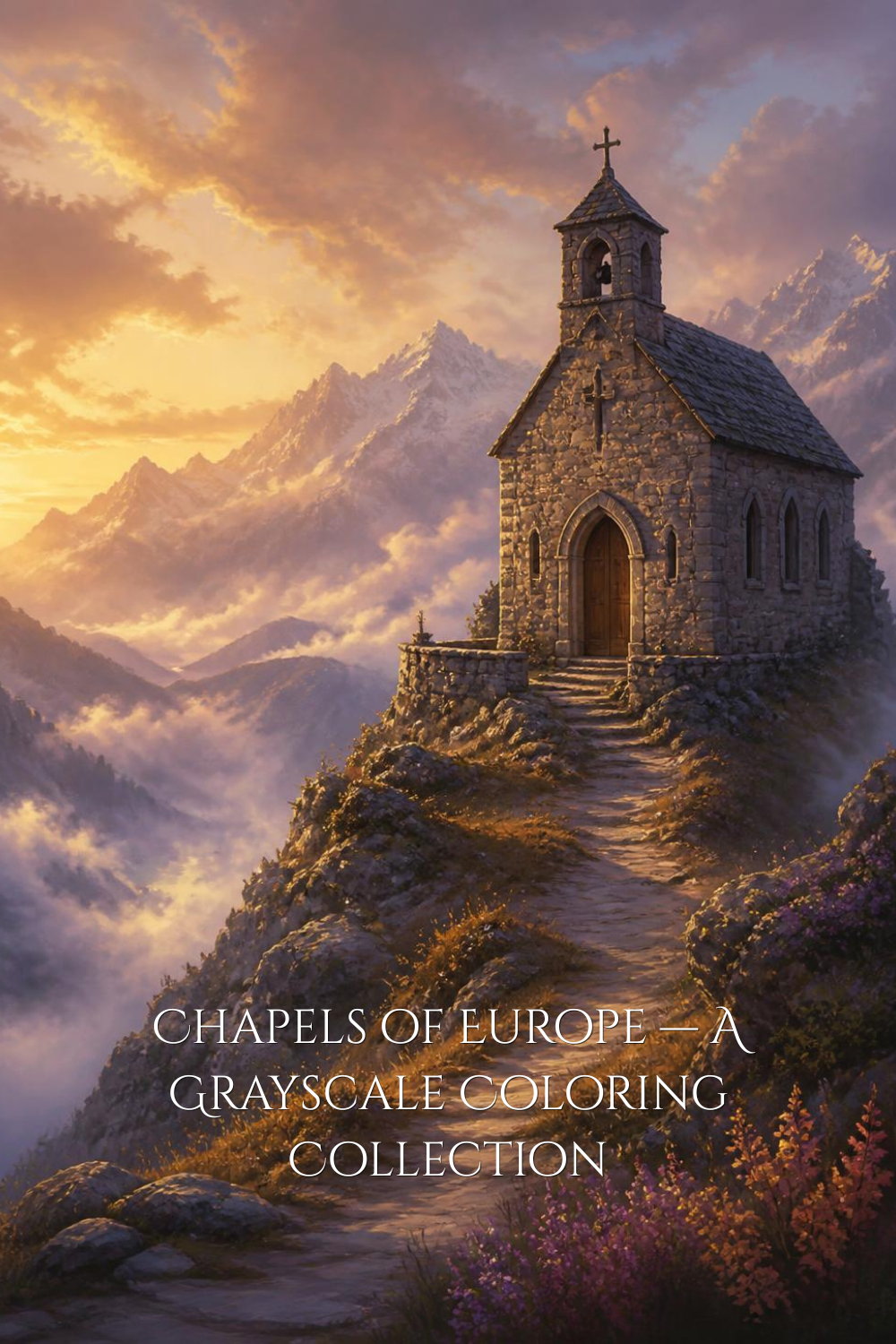 Cover illustration for Chapels of Europe — a stone mountain chapel at golden hour, grayscale coloring book by Road-Drawn Art.
