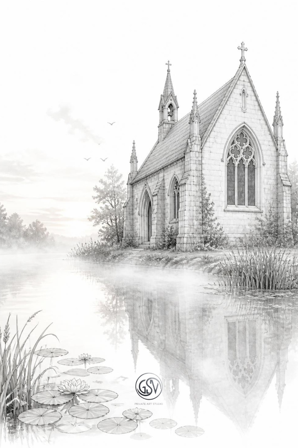 Grayscale coloring page showing an English Gothic chapel by a misty lake — Chapels of Europe printable coloring book by Road-Drawn Art.