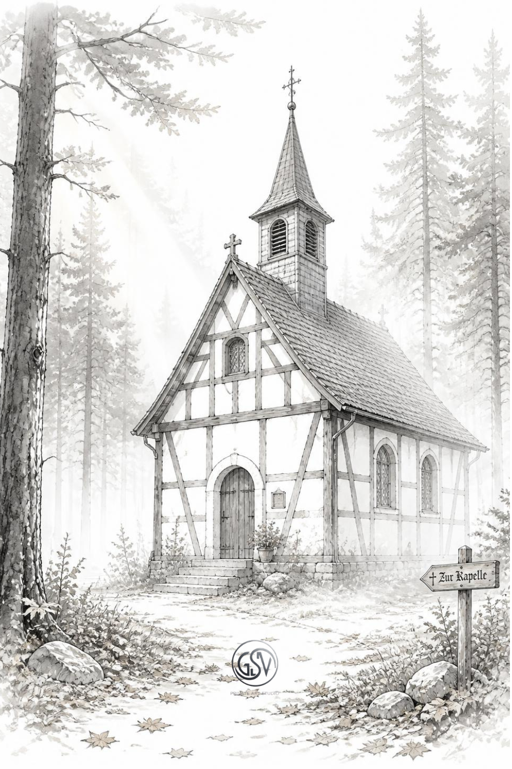 Grayscale coloring page showing a German fachwerk chapel in a misty forest — Chapels of Europe printable coloring book by Road-Drawn Art.