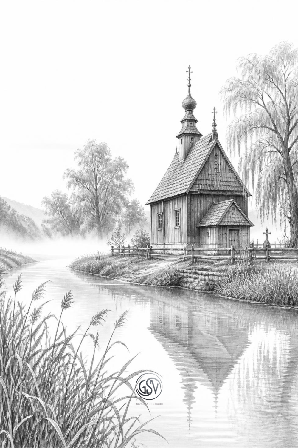 Grayscale coloring page showing a Polish wooden chapel by a misty river — Chapels of Europe printable coloring book by Road-Drawn Art.