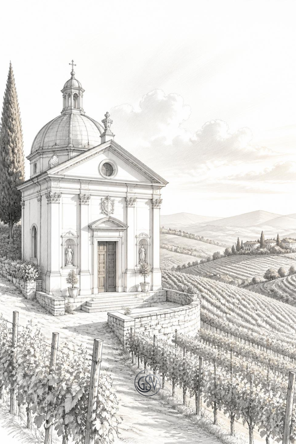 Grayscale coloring page showing an Italian Renaissance chapel above vineyard hills — Chapels of Europe printable coloring book by Road-Drawn Art.