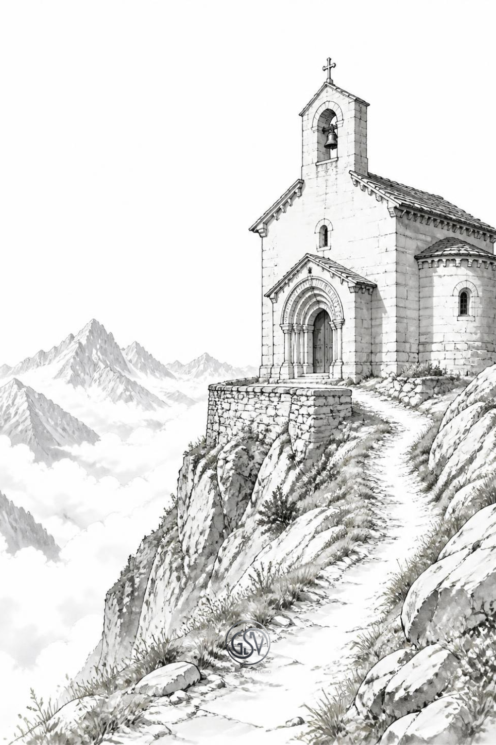 Grayscale coloring page showing a French Romanesque chapel on a mountain ledge — Chapels of Europe printable coloring book by Road-Drawn Art.