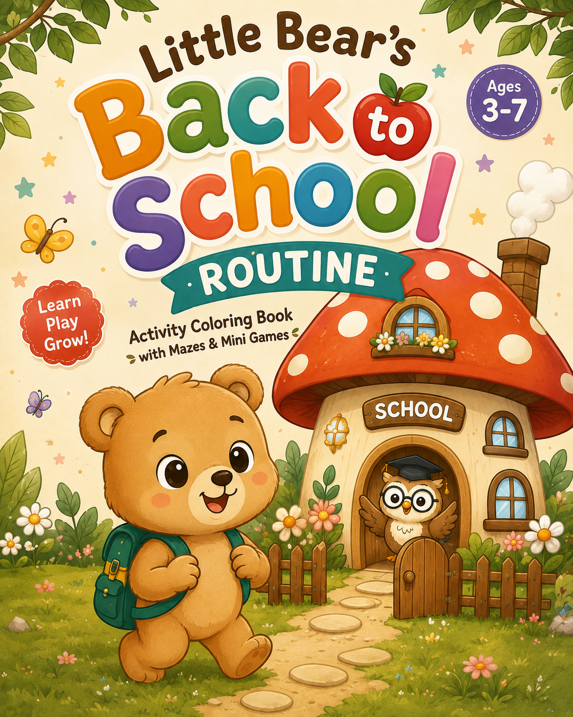 Here's an SEO-friendly alt text for your promotional image:  **Alt Text:**  > **Little Bear's Back to School Activity & Coloring Book printable PDF for kids ages 3–7 featuring 30 coloring pages, mazes, mini games, daily routine activities, a bonus weekly