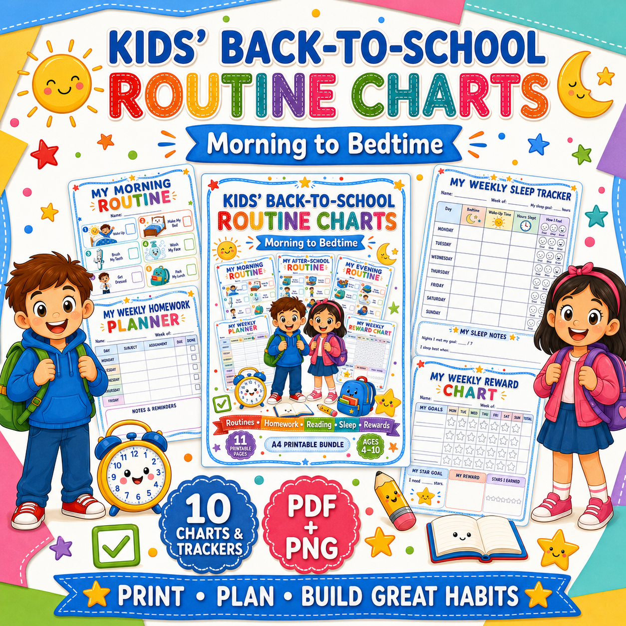 Kids Back-to-School Routine Charts – Morning to Bedtime | PDF + PNG