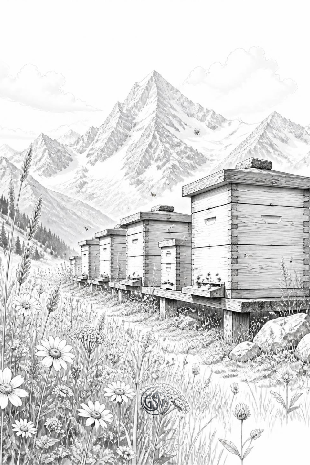 Grayscale coloring page of wooden beehives in an alpine meadow with snow-capped mountains in the distance, from the Whispering Hives coloring collection.