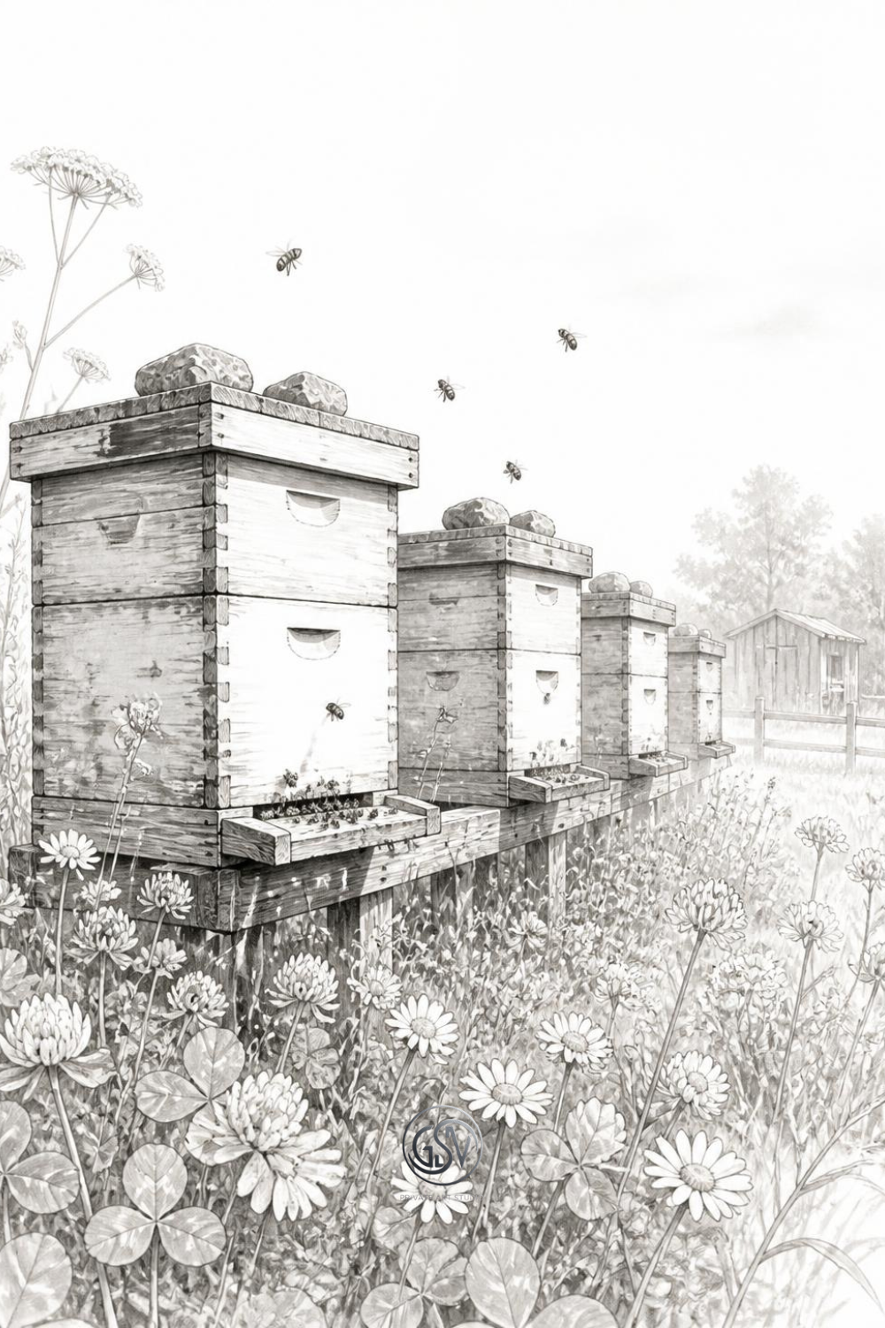 Grayscale coloring page of a row of weathered wooden beehives in a blooming clover meadow with bees in flight, from the Whispering Hives coloring collection.
