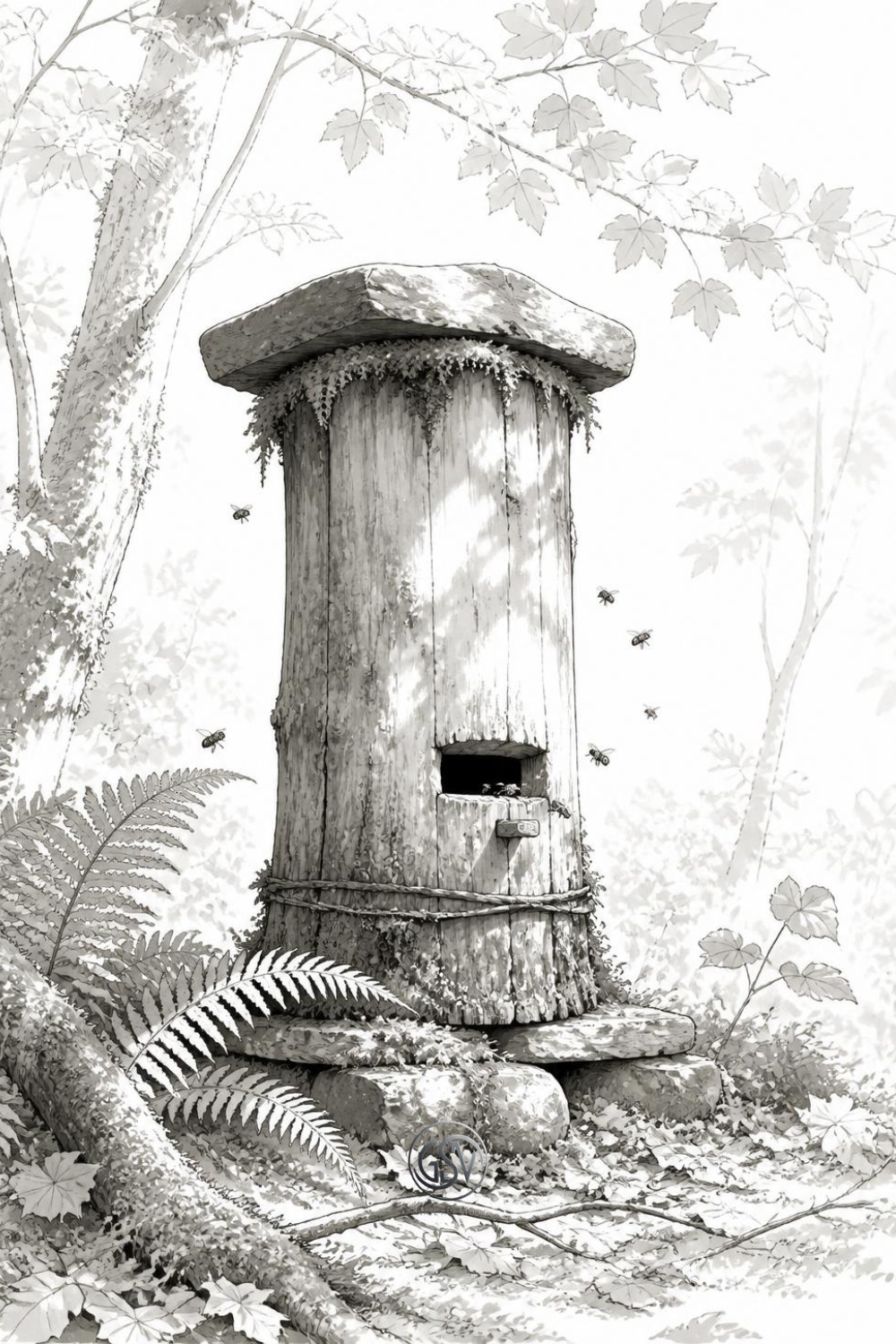 Grayscale coloring page of a traditional hollowed tree-trunk beehive in a mossy forest with dappled sunlight, from the Whispering Hives coloring collection.