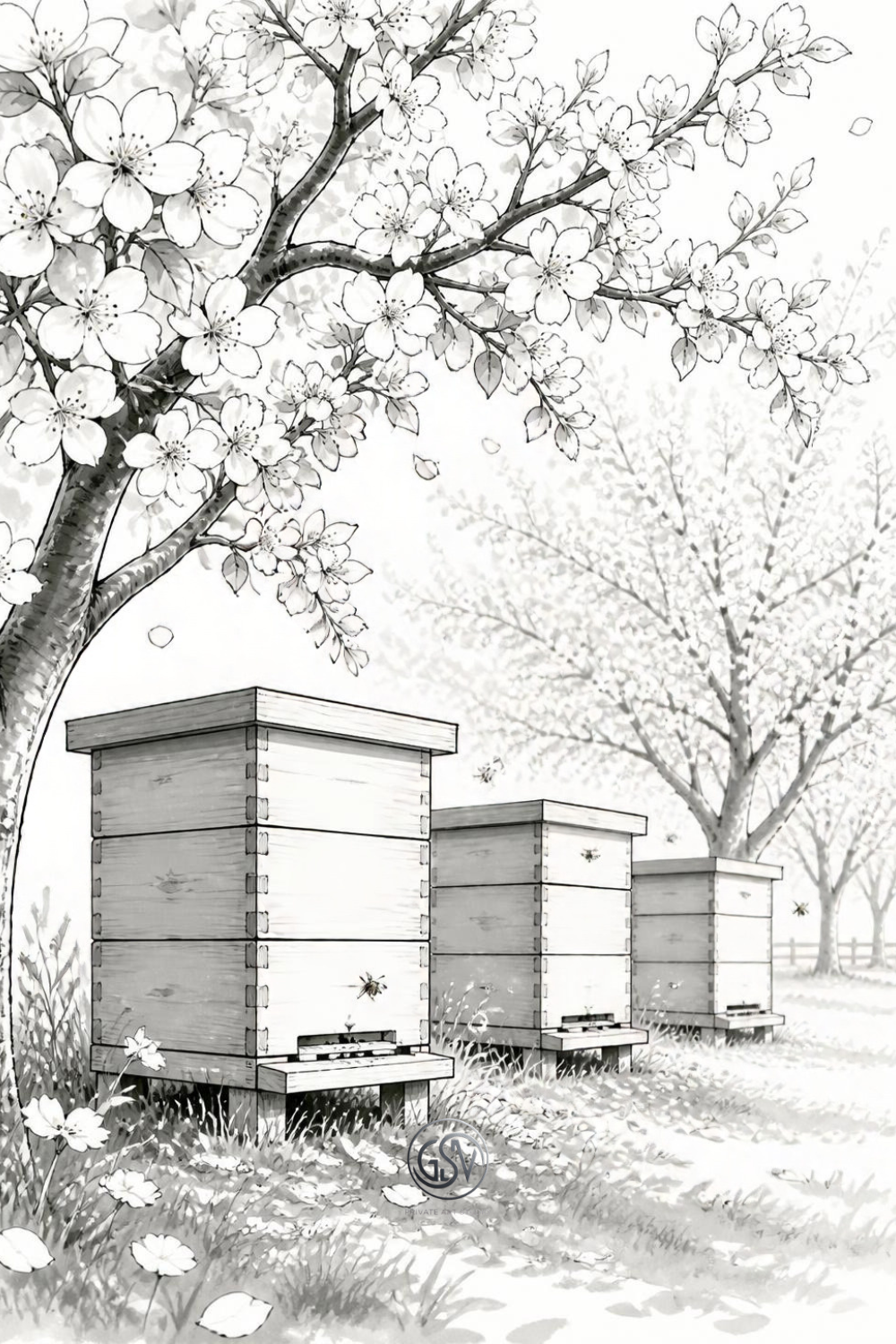 Grayscale coloring page of wooden beehives beneath blossoming fruit trees with fallen petals on the grass, from the Whispering Hives coloring collection.