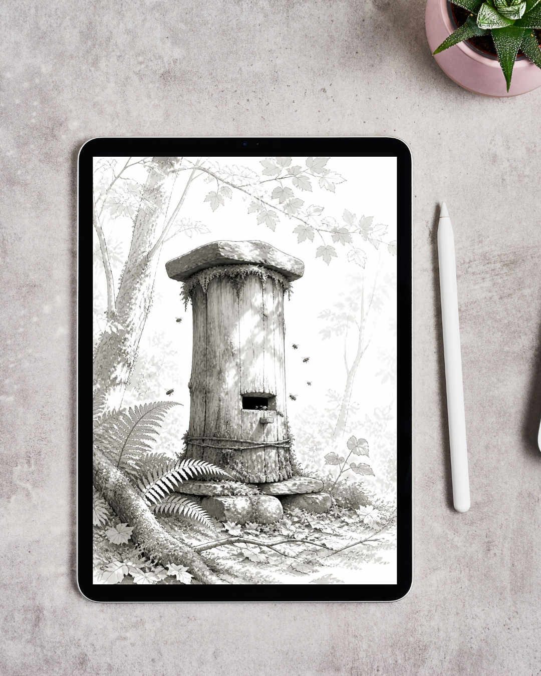 Tablet mockup displaying a grayscale coloring page of an old hollow-log beehive covered in moss and vines, deep in a forest with bees in flight, from the Whispering Hives coloring collection.