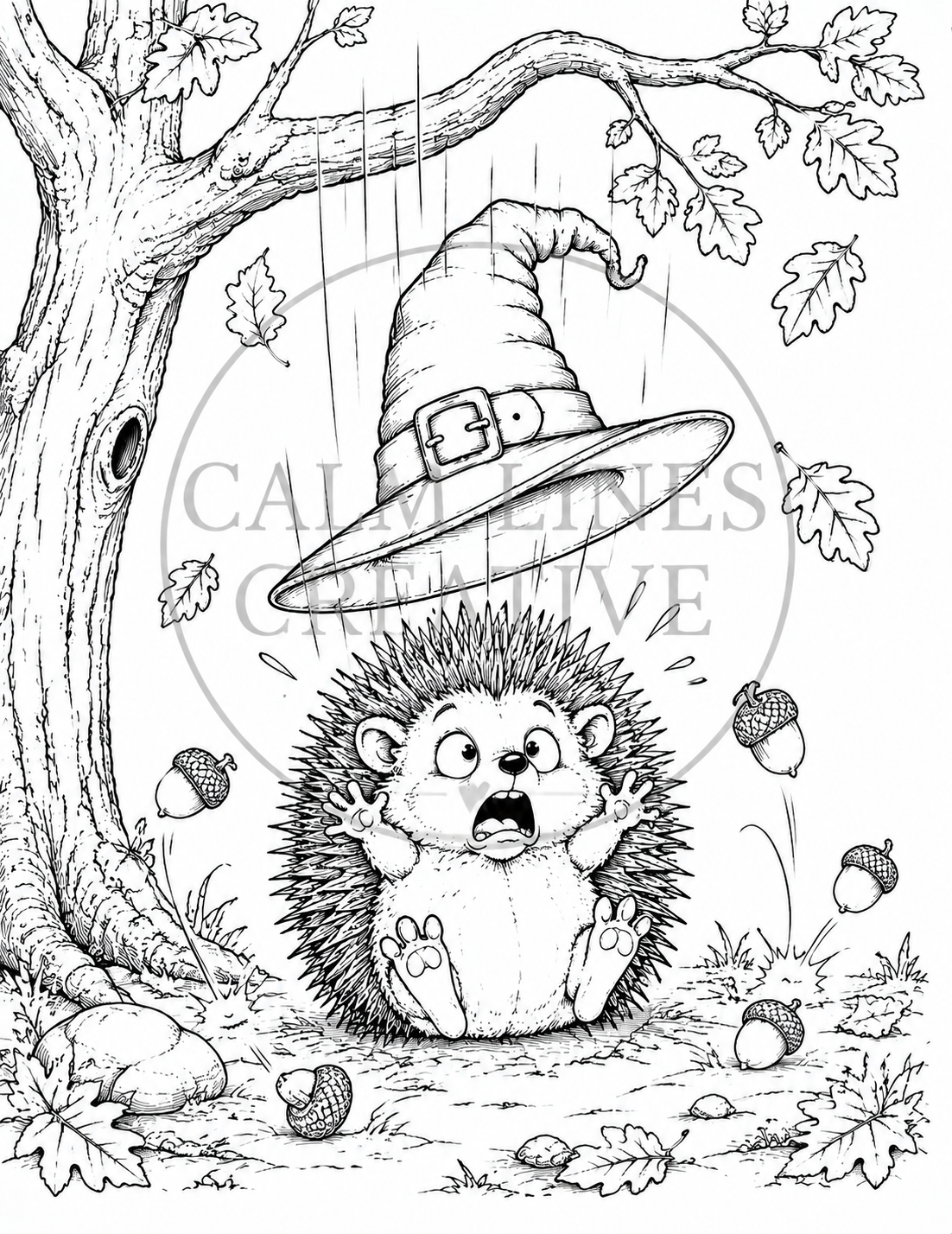 Cute hedgehog surprised by a falling witch hat Halloween coloring page printable PDF for adults and teens.